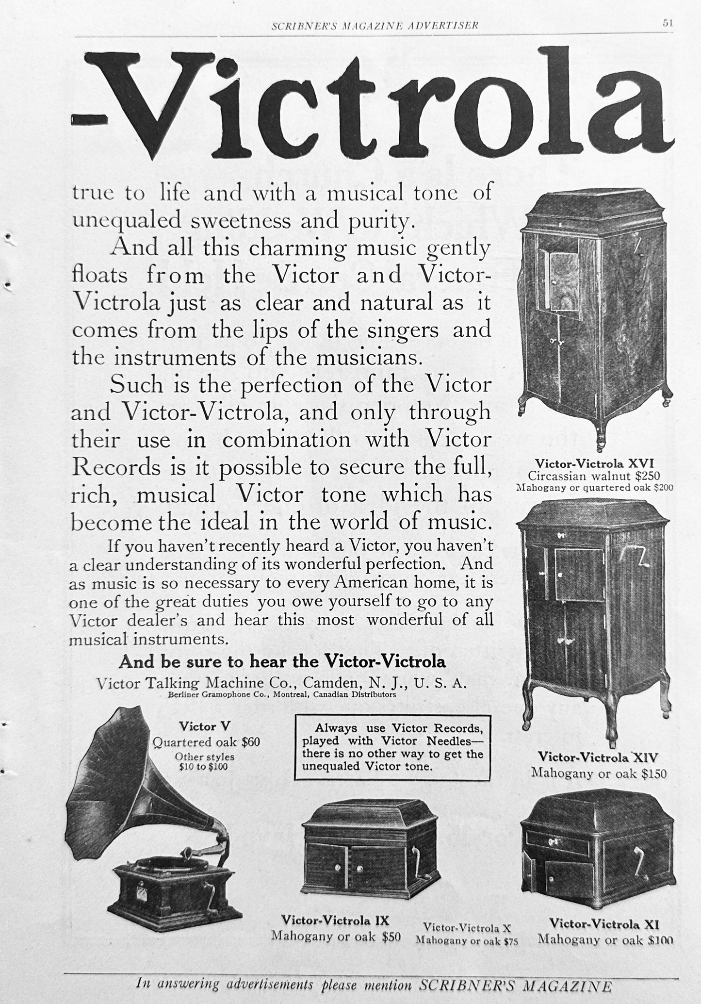 1911 Victor Talking Machine Magazine Ad 5 Models Shown N925