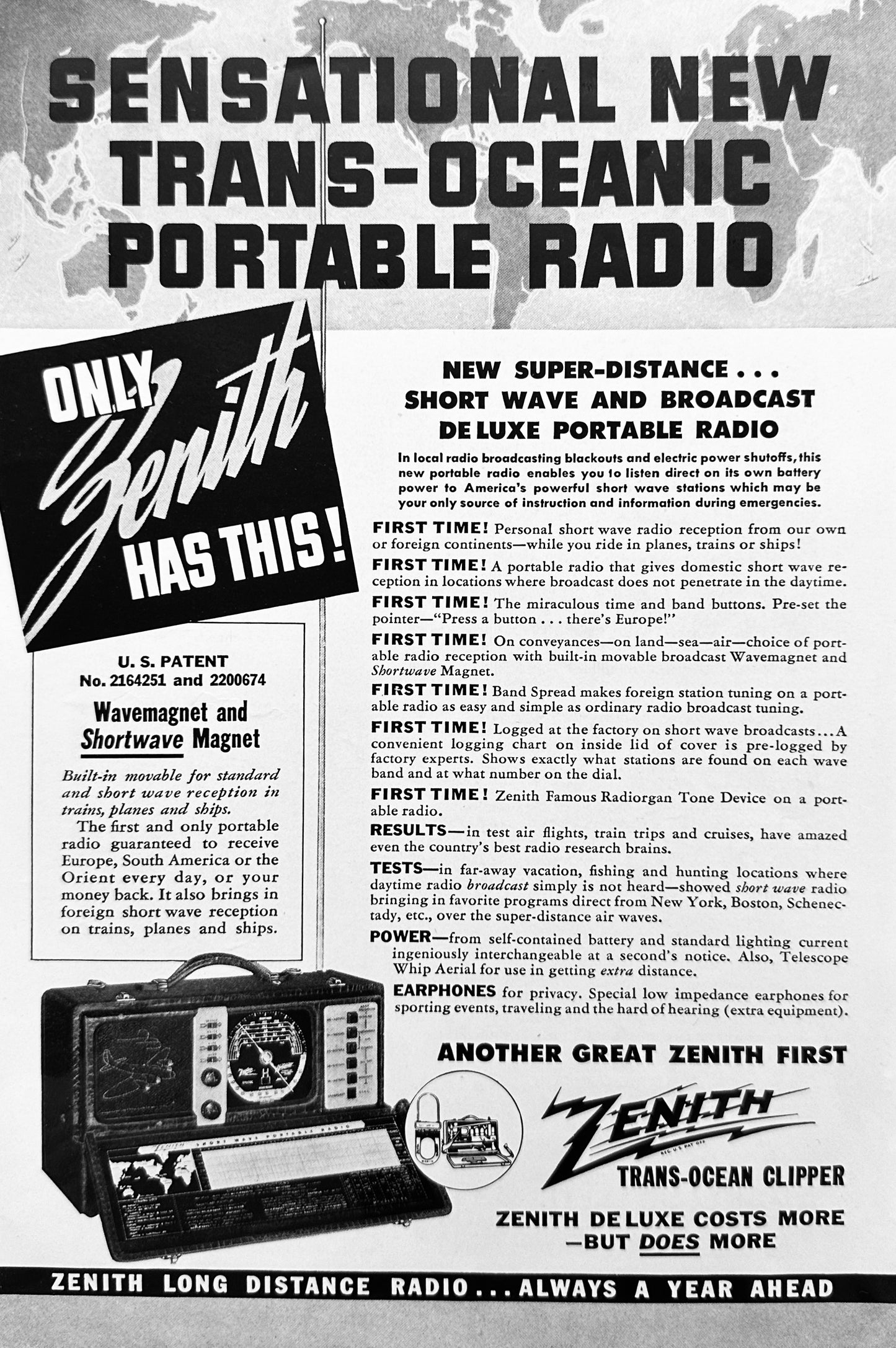 1942 Zenith Transoceanic Clipper Portable Radio - Vintage Ad N958