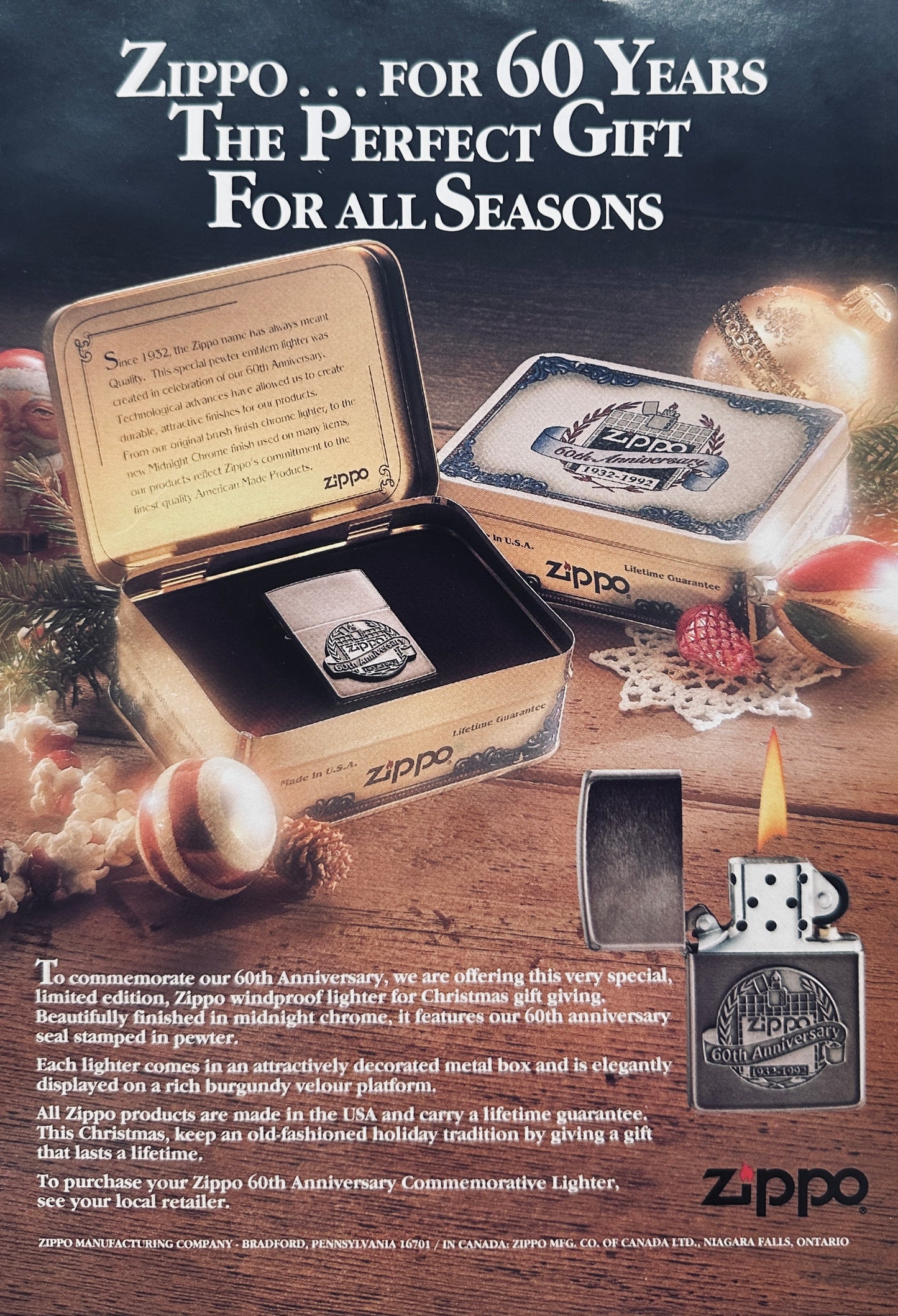 1992 Zippo Lighter 60th Anniversary - Magazine Ad N961