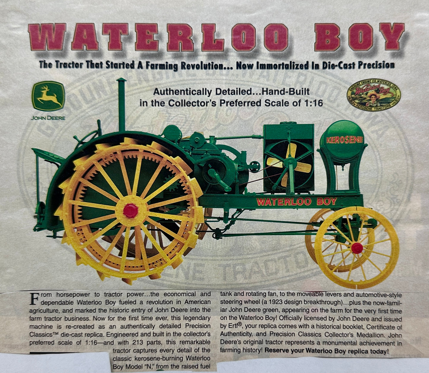 1919 John Deere Waterloo Boy Vintage Ad, Modern Ertl Advertising Lot