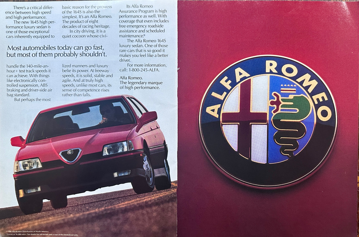 1990 Sporty Red Alfa Romeo 164S 2-Page Vintage Ad - High Performance A7