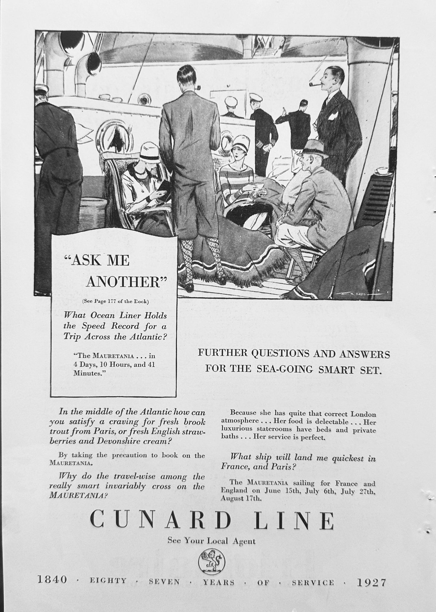 1927 Cunard Line Mauretania - Cruising For the Sea-Going Smart Set - Vintage Ad