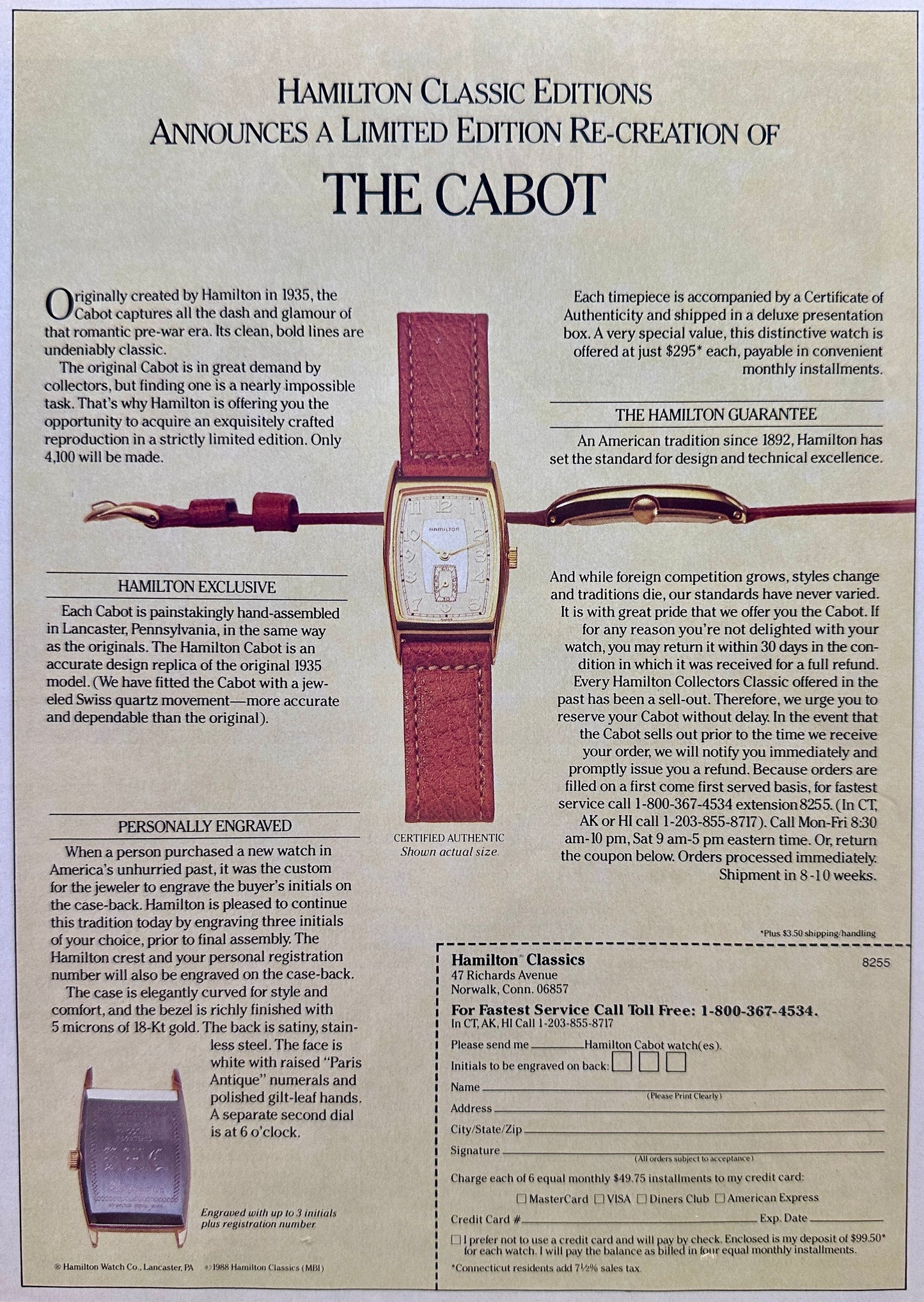 1988 Hamilton Classic Limited Edition "the Cabot" Vintage Ad N445