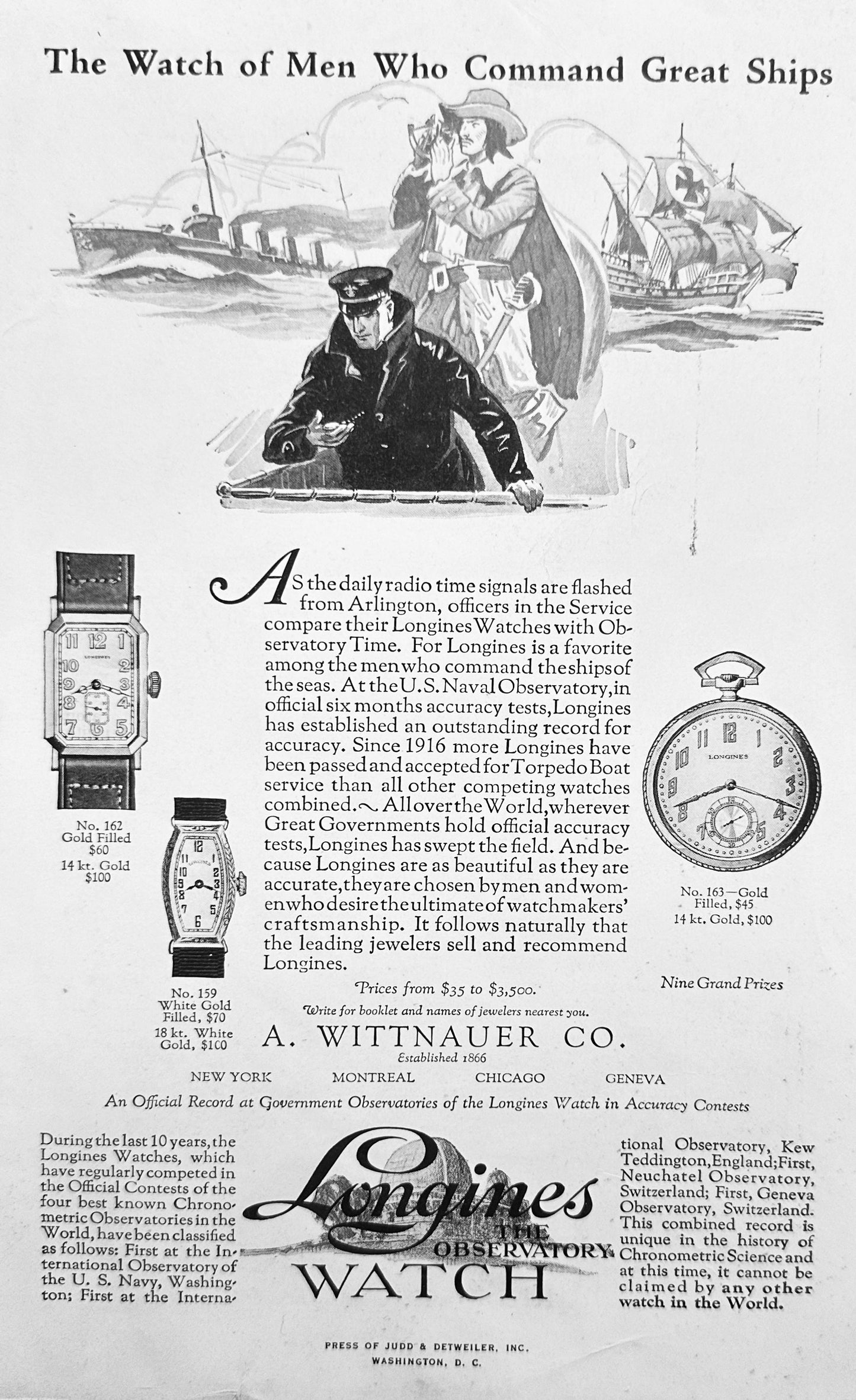 1927 Longines "the Observatory" Watch - Men Who Command Great Ships - Ad