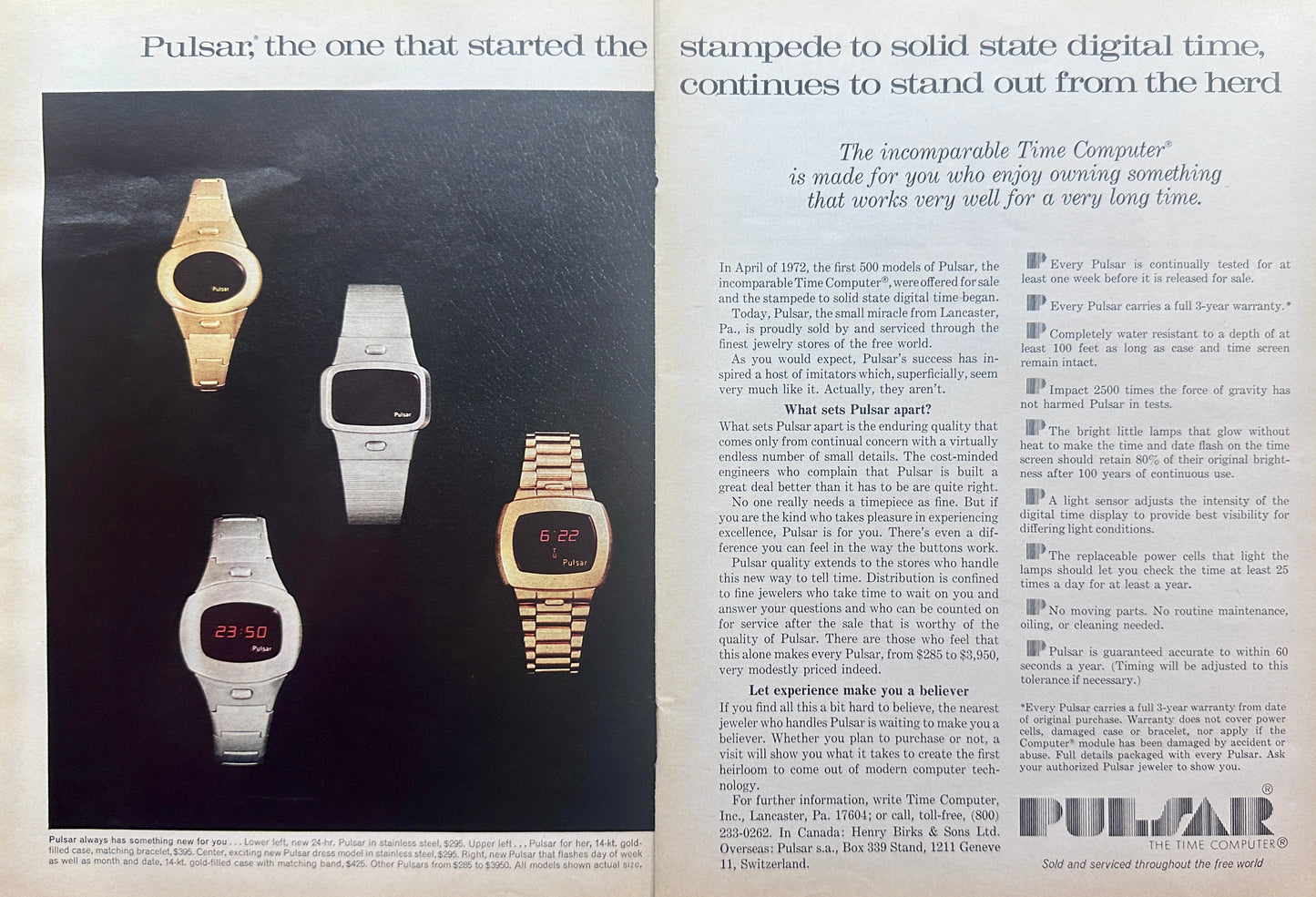 1976 Pulsar 2-page Magazine Ad - The Time Computer N793