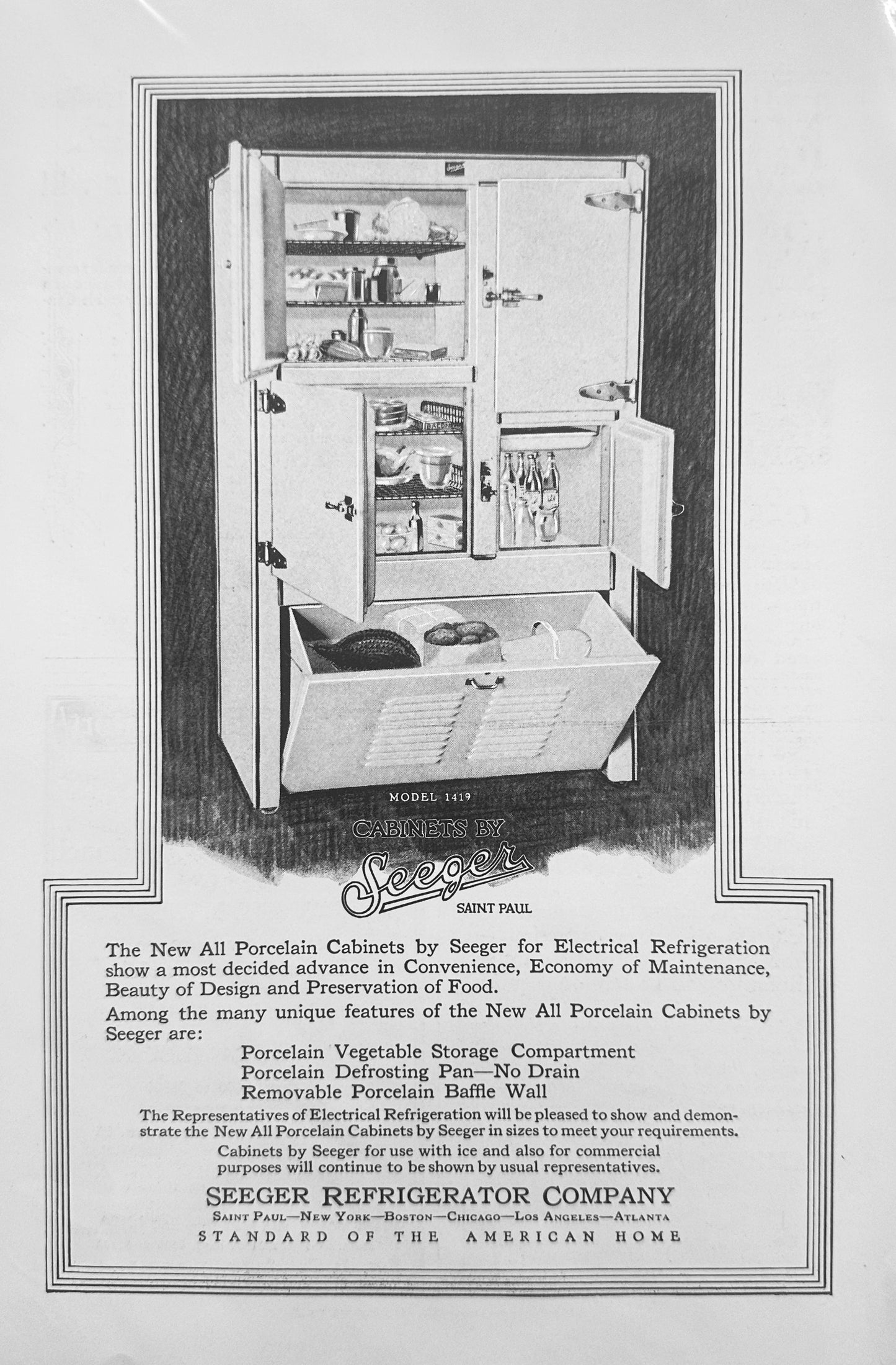 1927 Seeger Porcelain Cabinets for Electrical Refrigeration - Vintage Ad N825