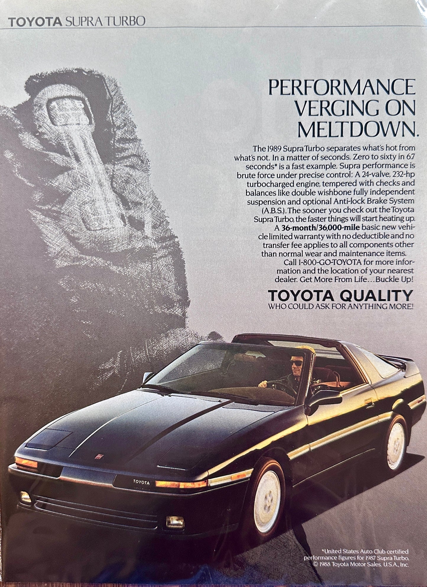 1988 Toyota Supra Turbo - Performance Verging on Meltdown - Vintage Ad #A224