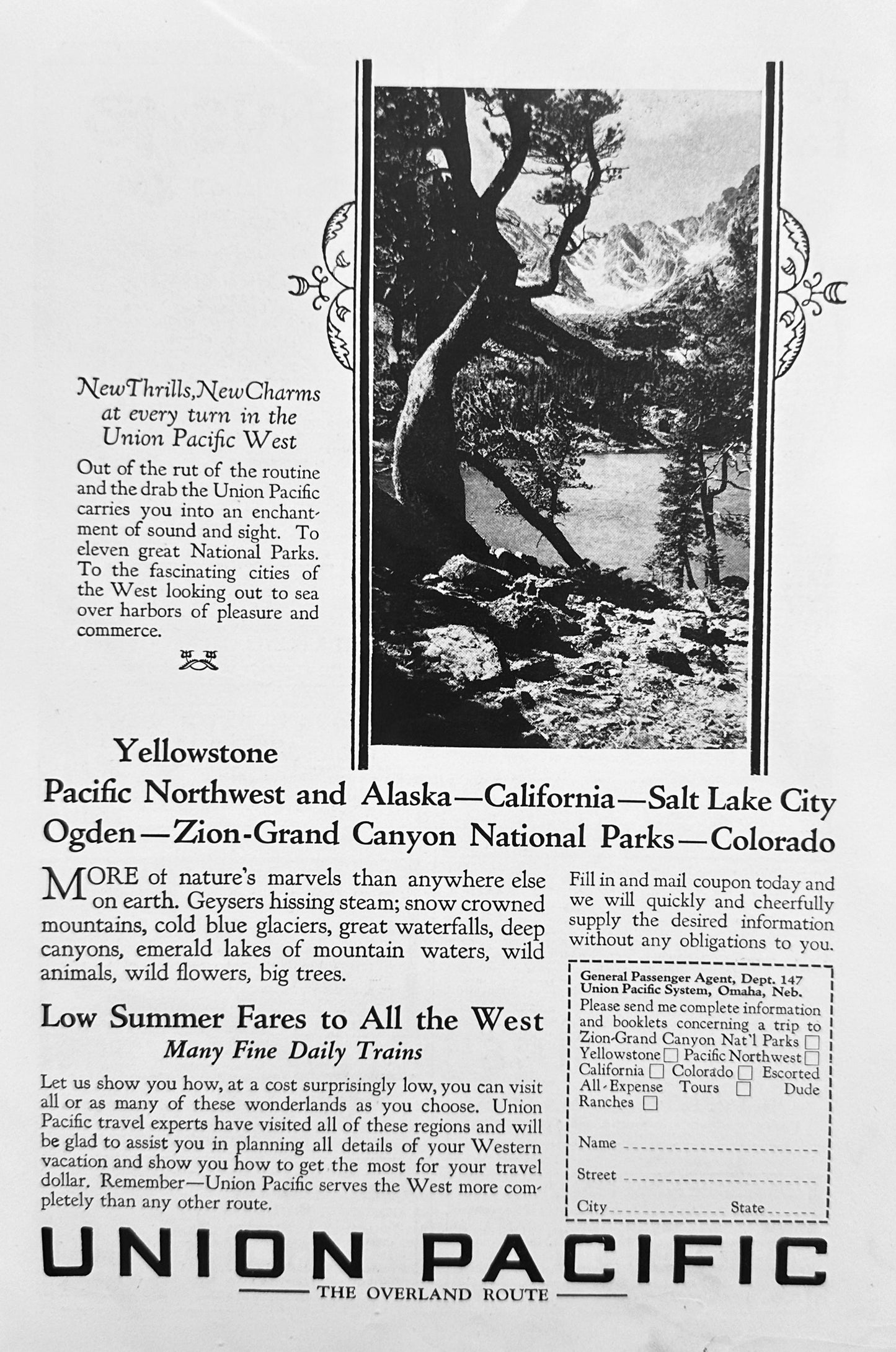 1927 Union Pacific West - Train Travel Excursions - Grand Canyon - Yellow Stone