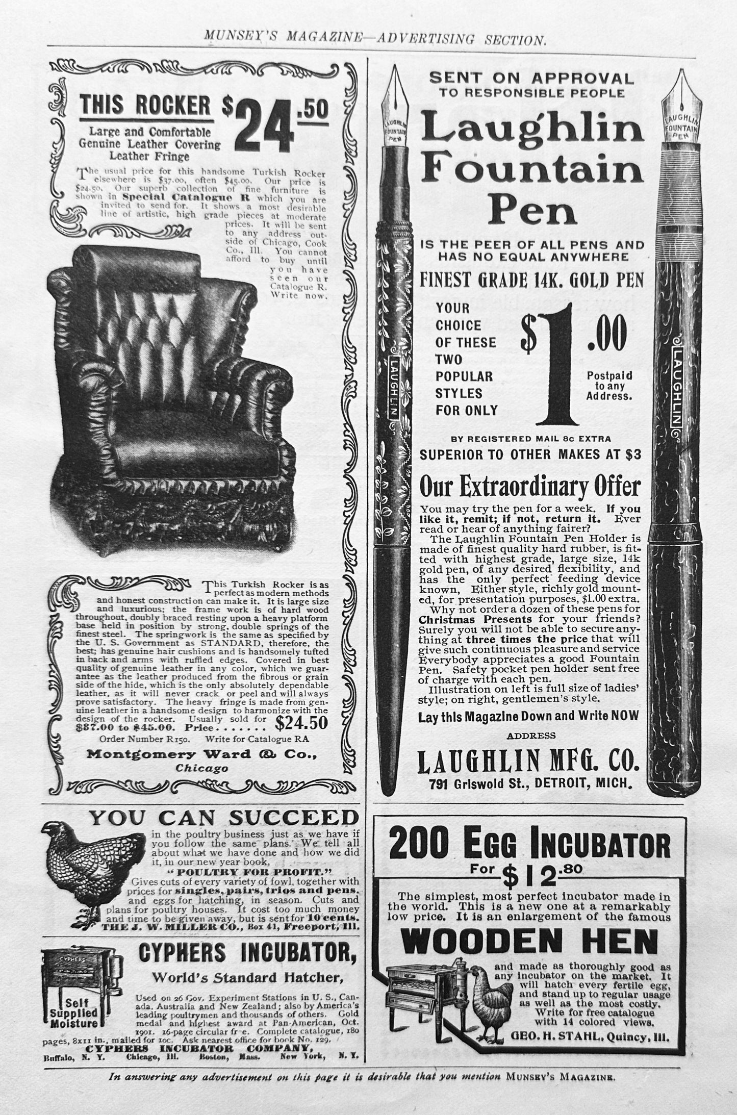 1902 Laughlin Fountain Pen, Detroit Michigan Original Advertisement N575