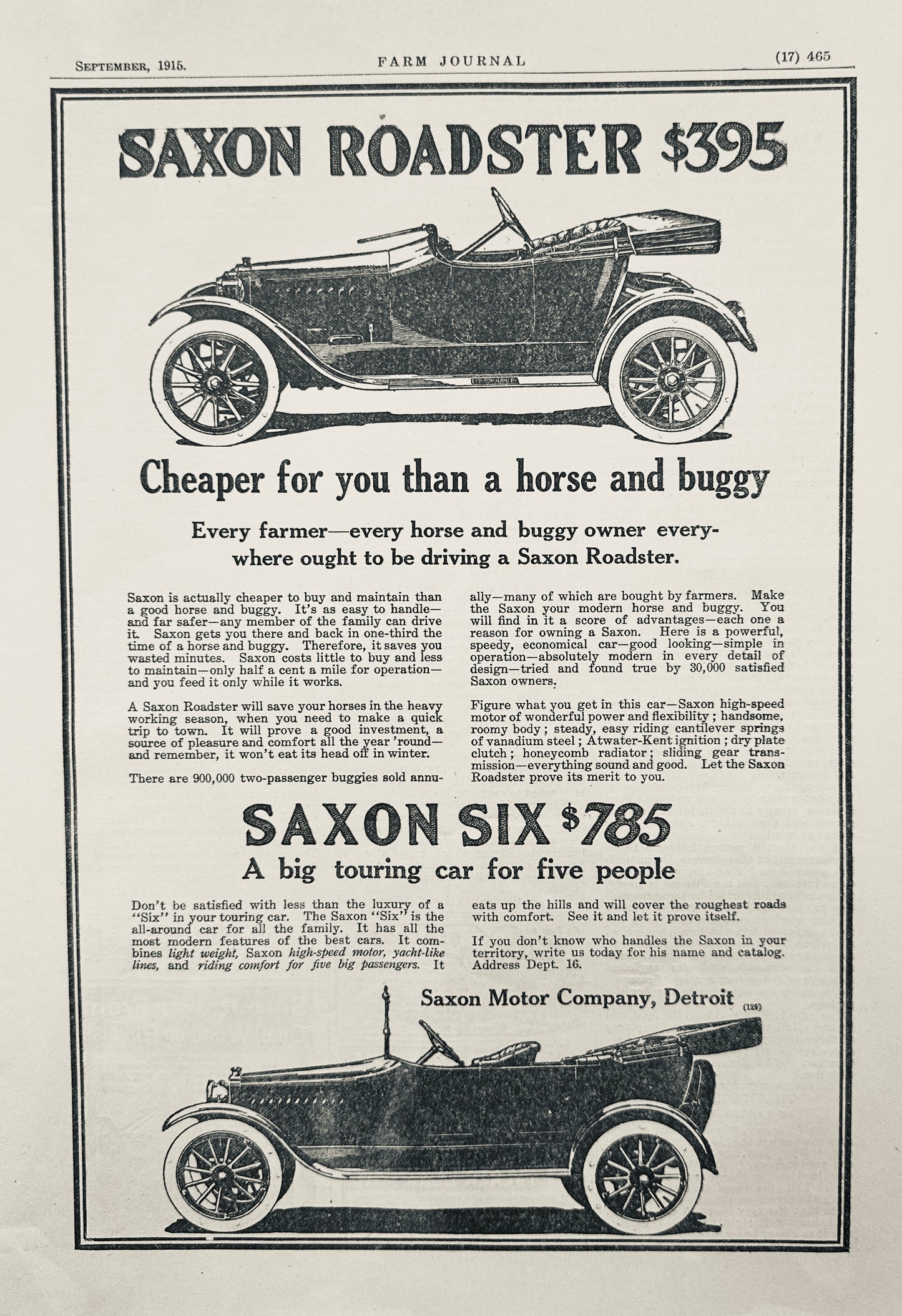1915 Saxon Roadster - Cheaper than A Horse & Buggy - Vintage Ad