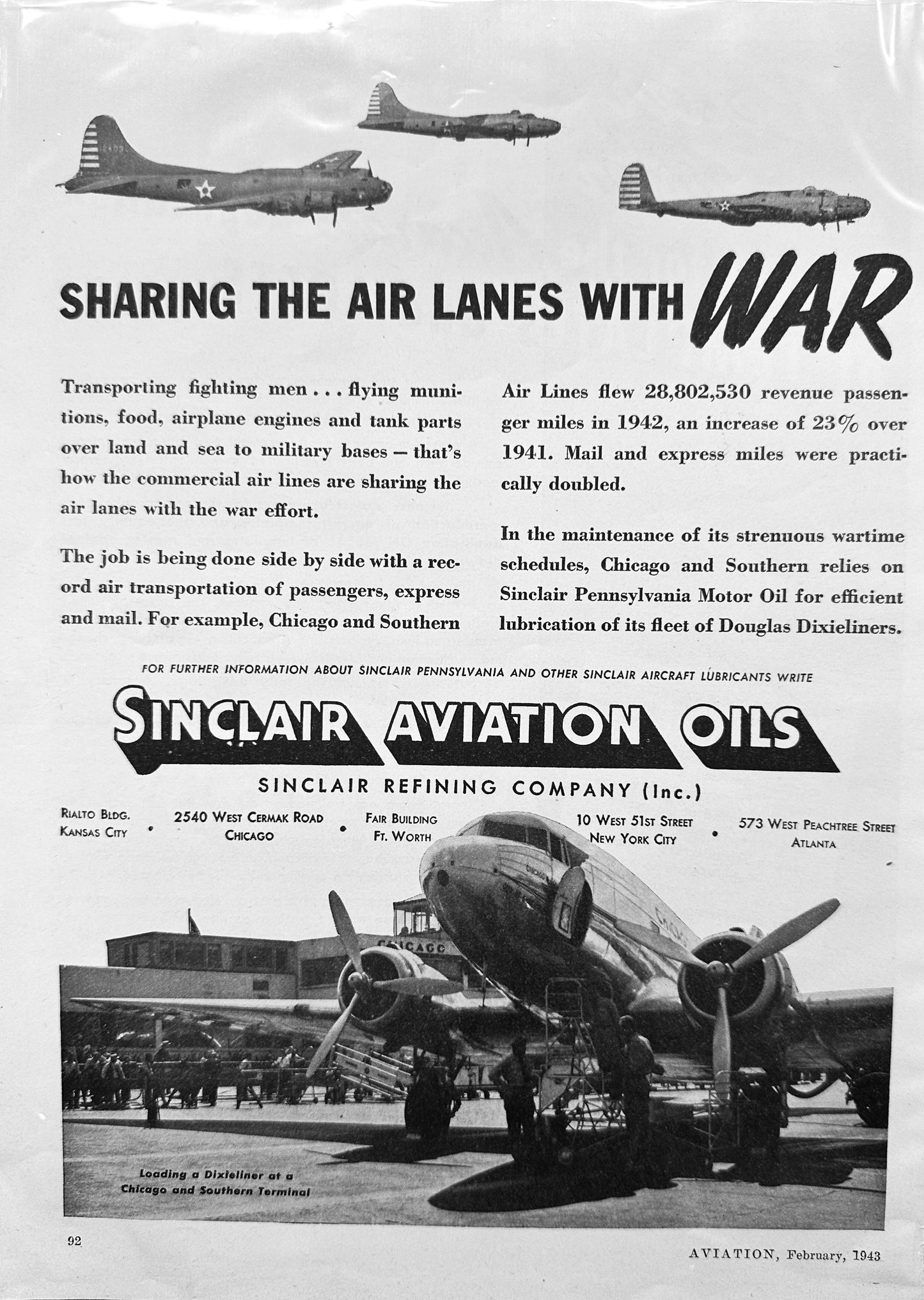 1943 Sinclair Aviation Oils - Sharing the Air Lanes with War- Vintage Ad N862