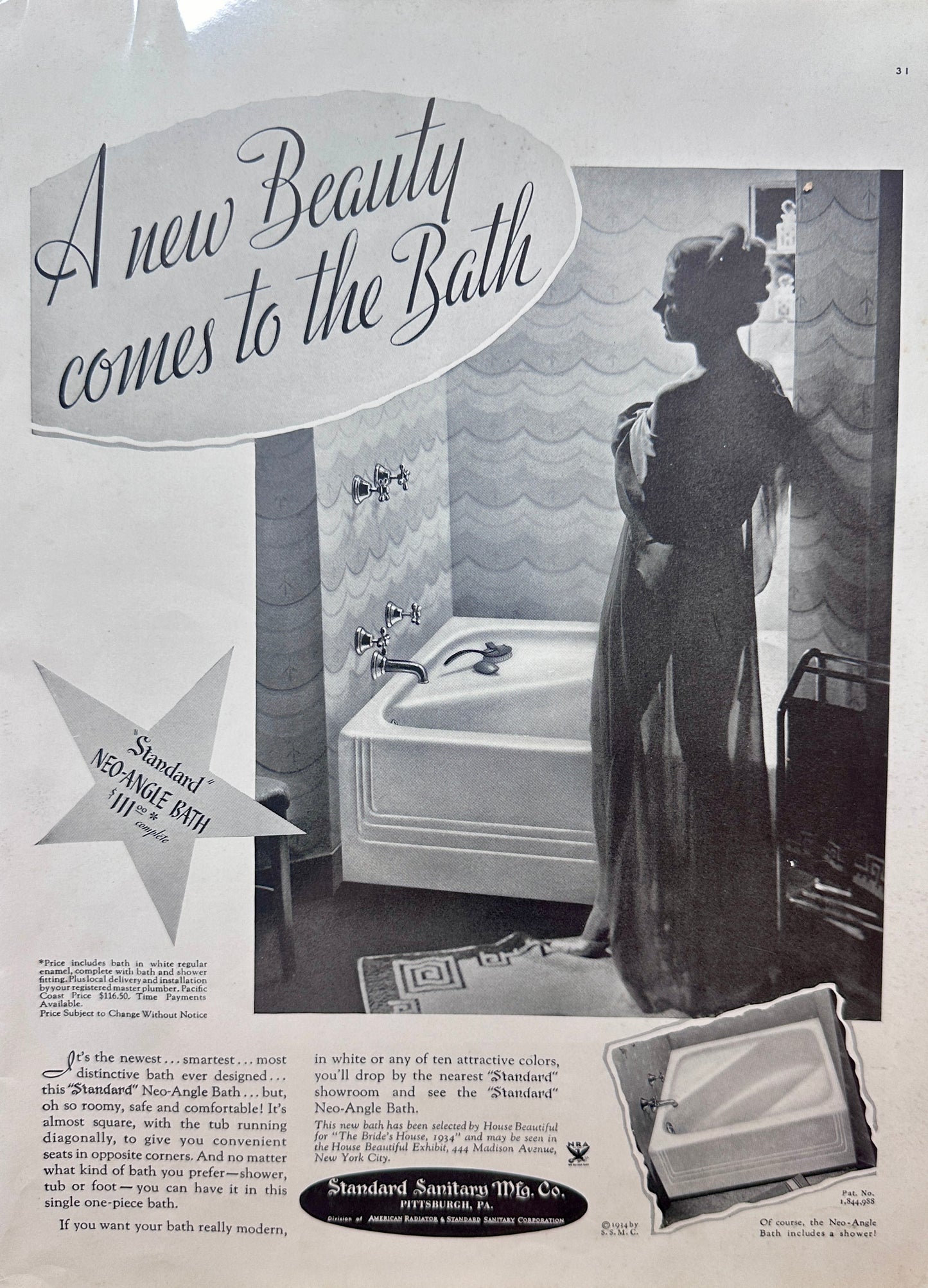 1934 Standard Neo-Angle Bath With Shower Vintage Ad