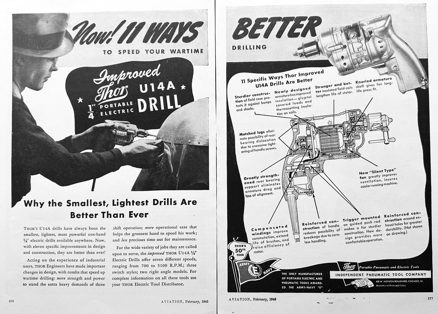 1943 Thor 1/4" Portable Electric Drill 2-page Tooling Advertisement WWII Era N893