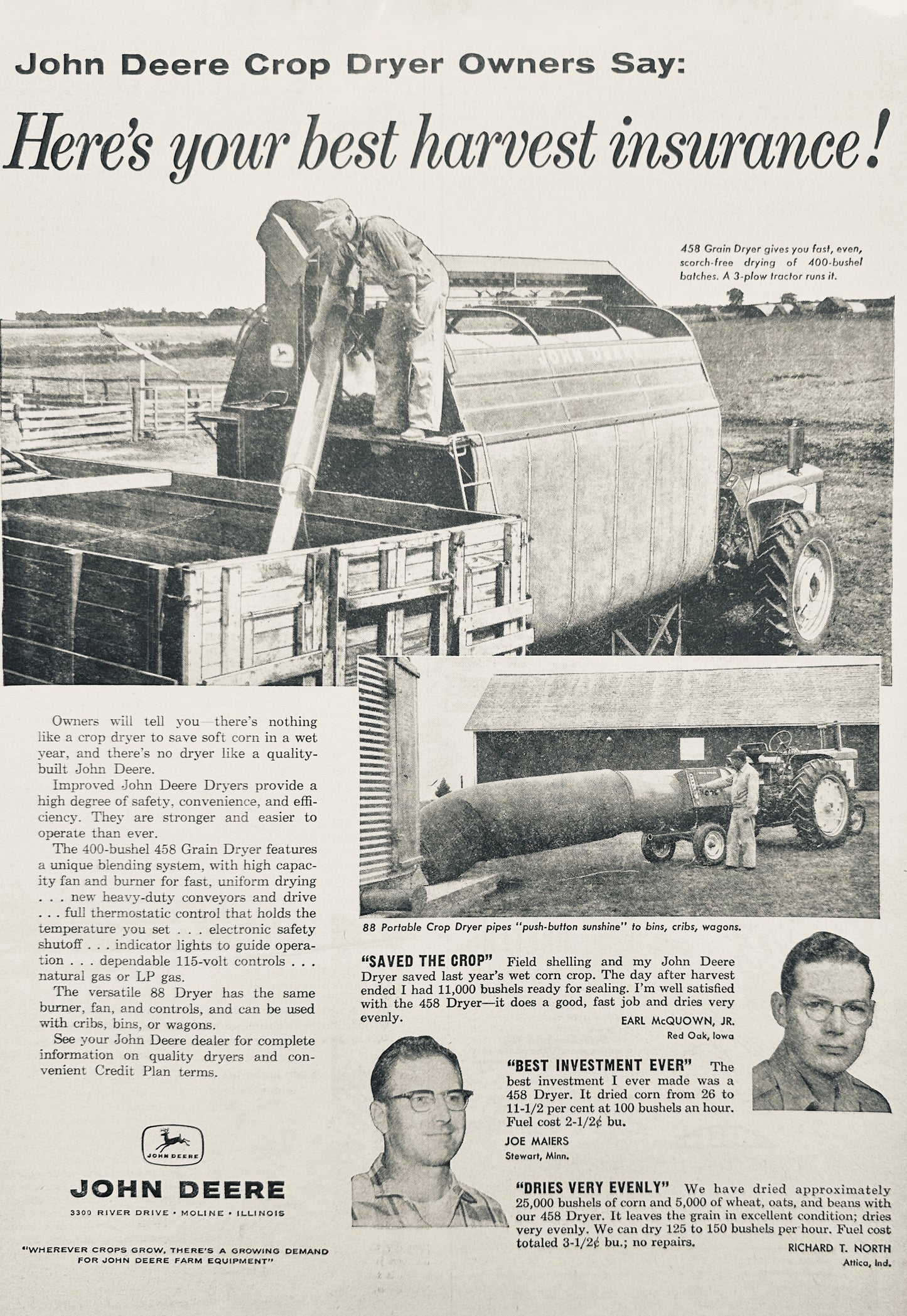 1960 John Deere Grain Dryer - Best Harvest Insurance - Vintage Ad #5095
