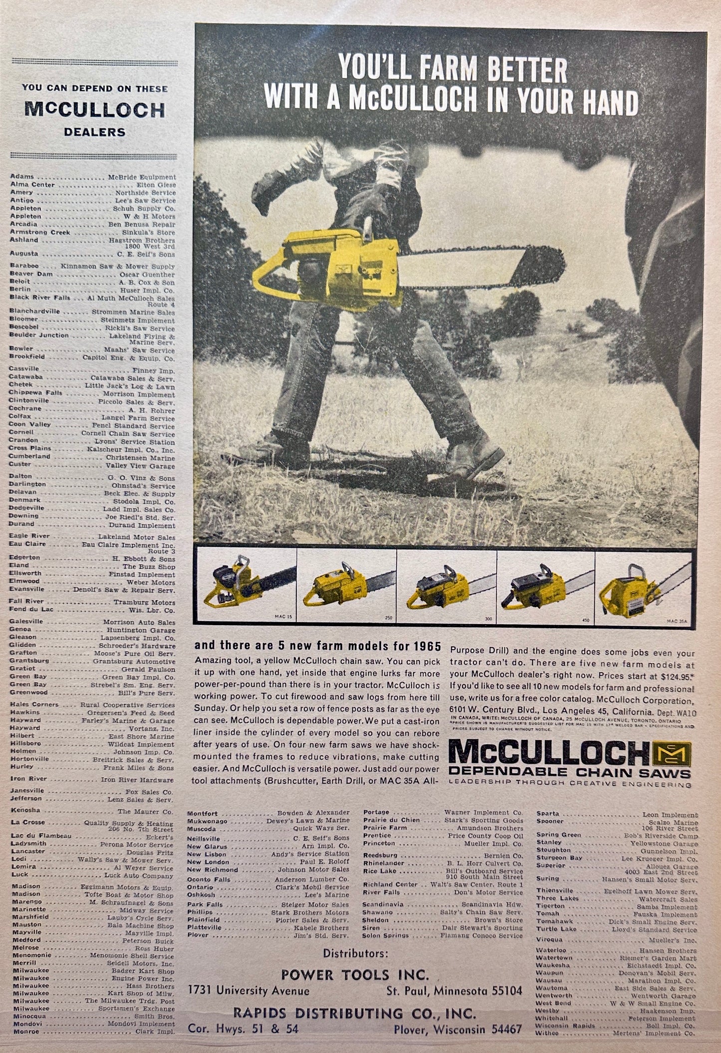 1964 McColloch 5-Models for 1965 Chain Saws Vintage Ad #5073-3