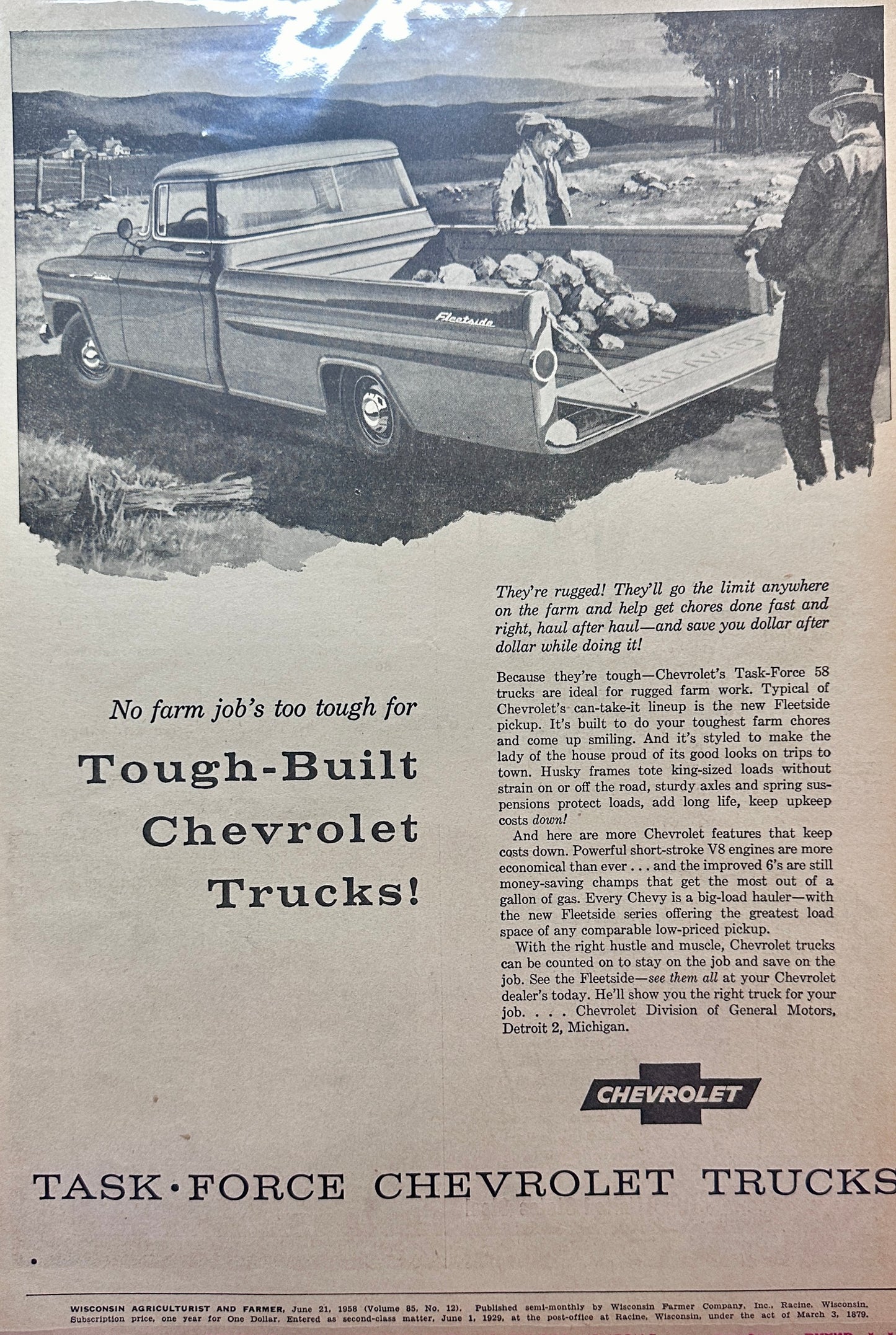 1958 Tough Built Chevrolet Trucks Task Force 58 Fleetside - Vintage Ad #770