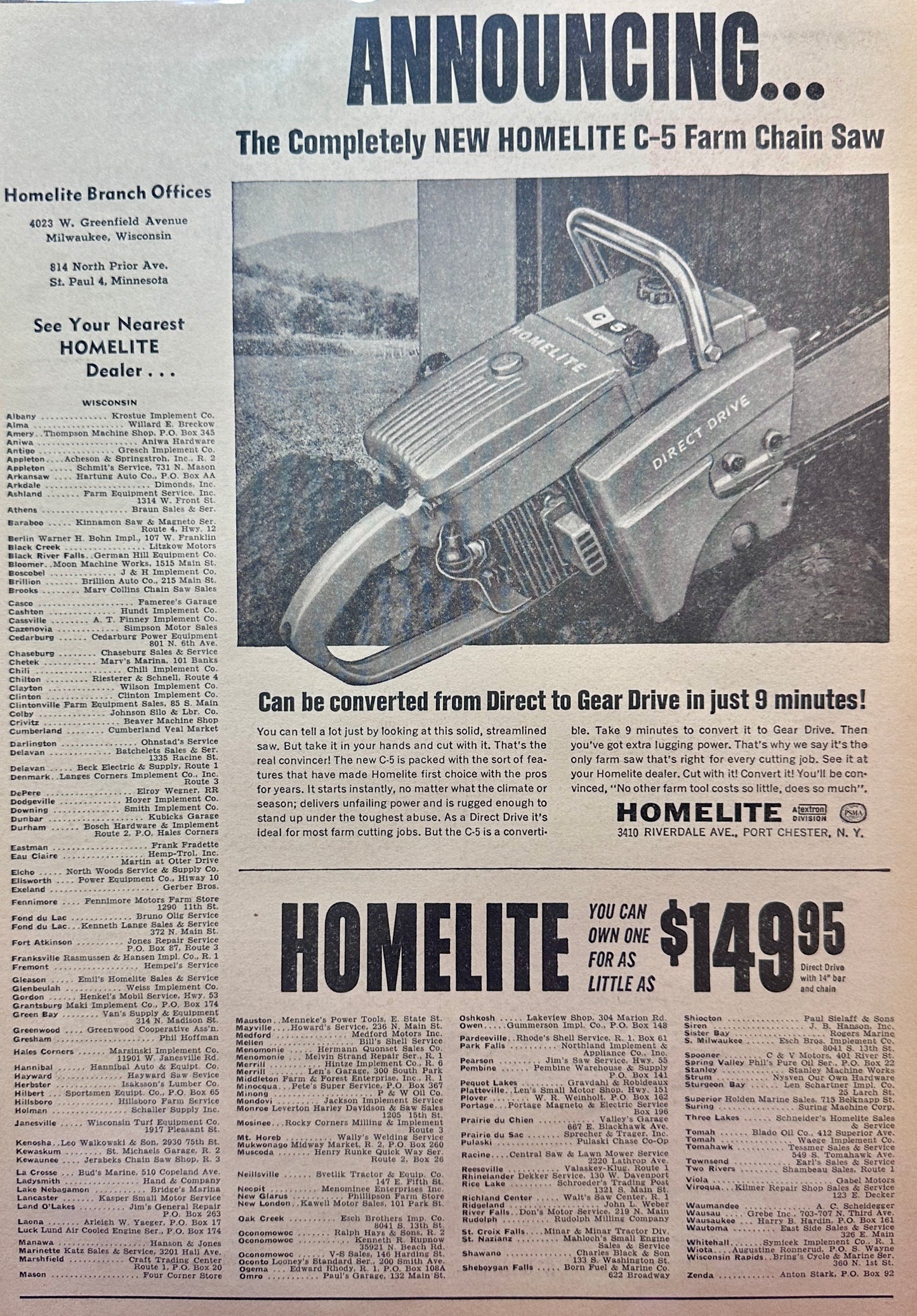 1962 Homelite Chain Saw C-5 Direct to Gear Drive in Just 9 Minutes - Vintage Ad #5098