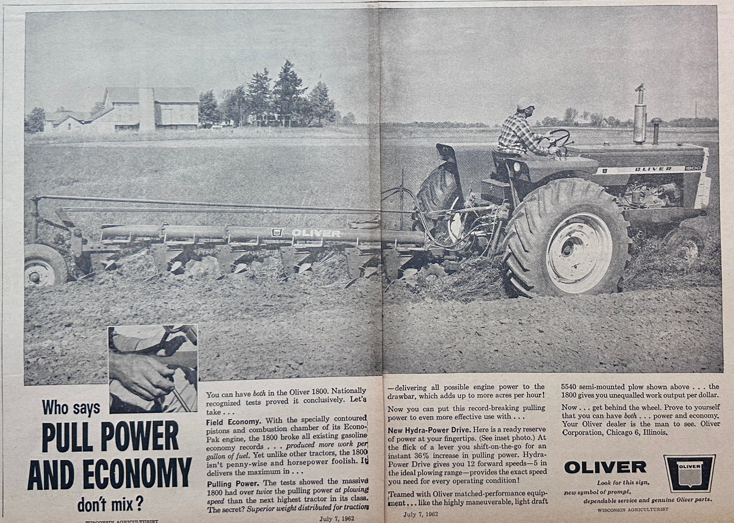 1962 2-Page Vintage Ad Oliver 1800 Tractor with Hydra-Power Drive #5057