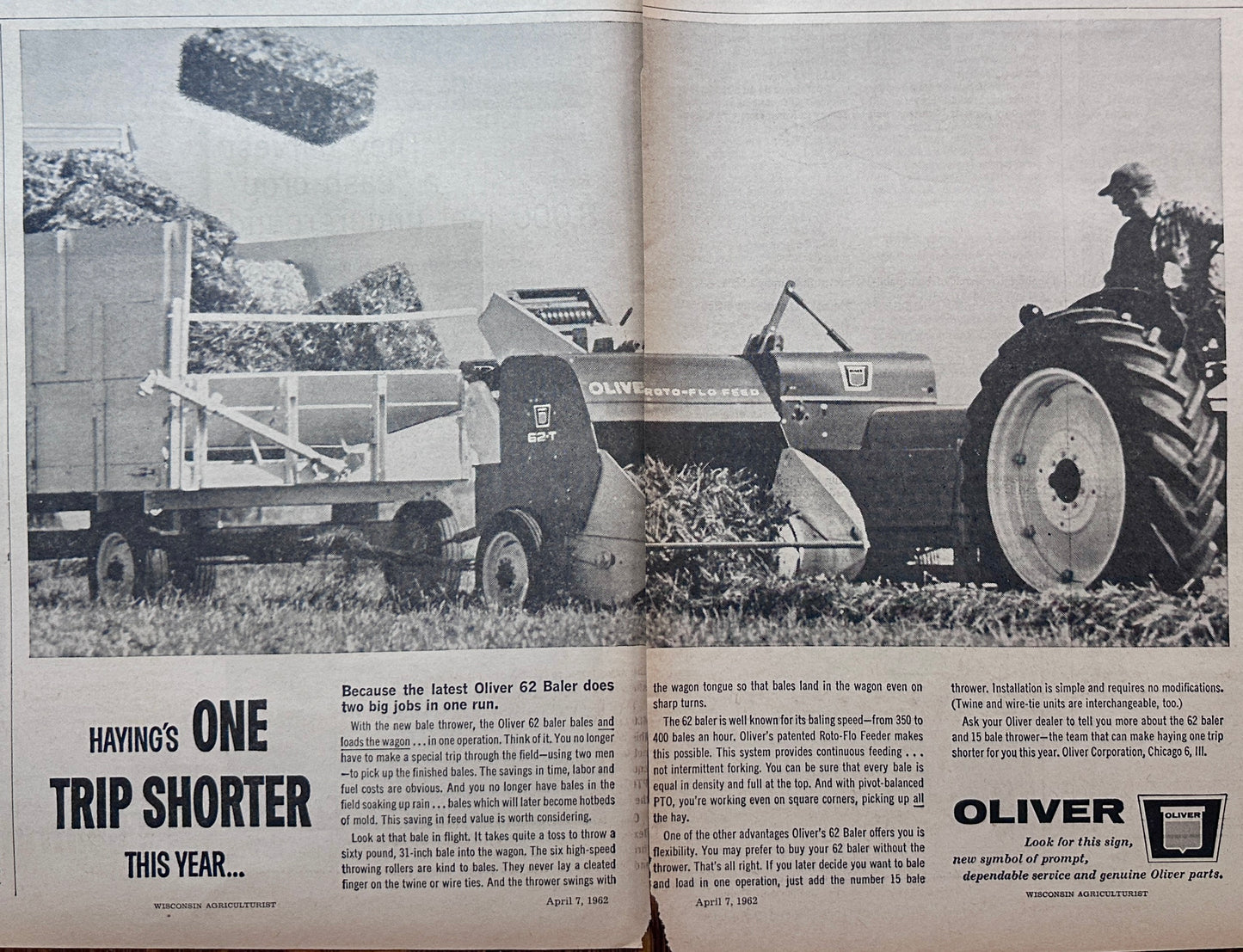1962 Oliver 62 Baler - Haying is 1 Trip Shorter this year - Vintage 2-Page Ad #5058