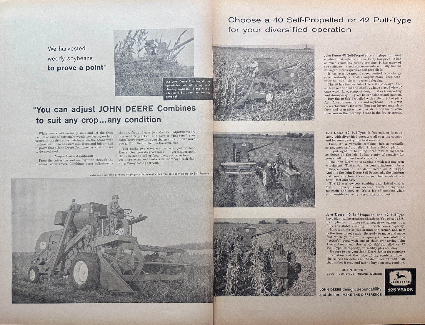 1962 2-Page Original Magazine Ad for John Deere 40 Combines #5096-1