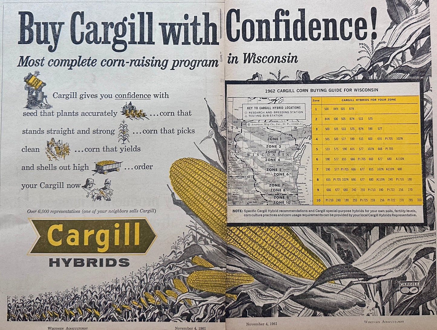 1961 2-Page Cargill Hybrid Corn Seed Vintage Magazine Ad