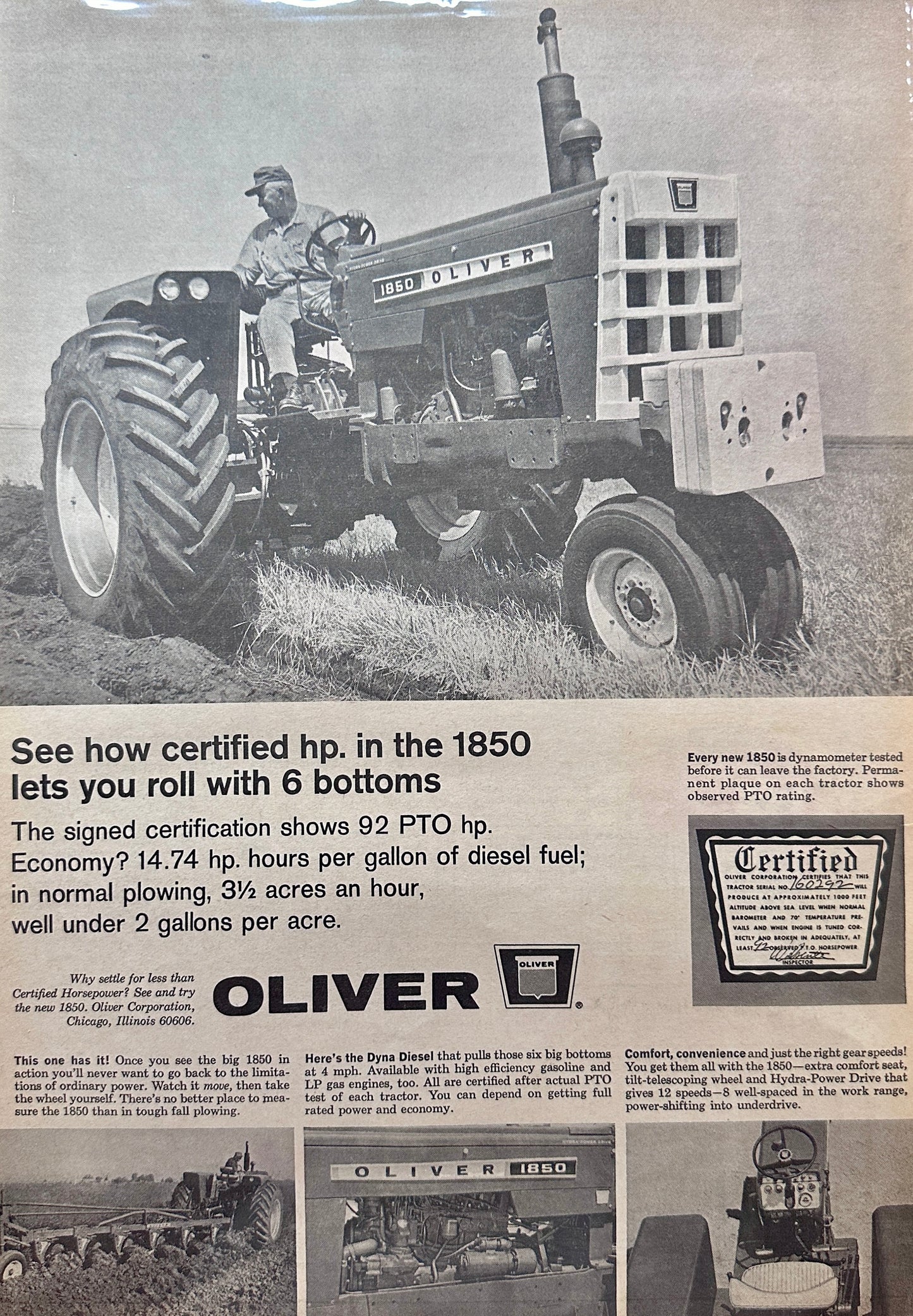 1964 Oliver 1850 Tractor - Certified Horsepower - Vintage Ad #5064