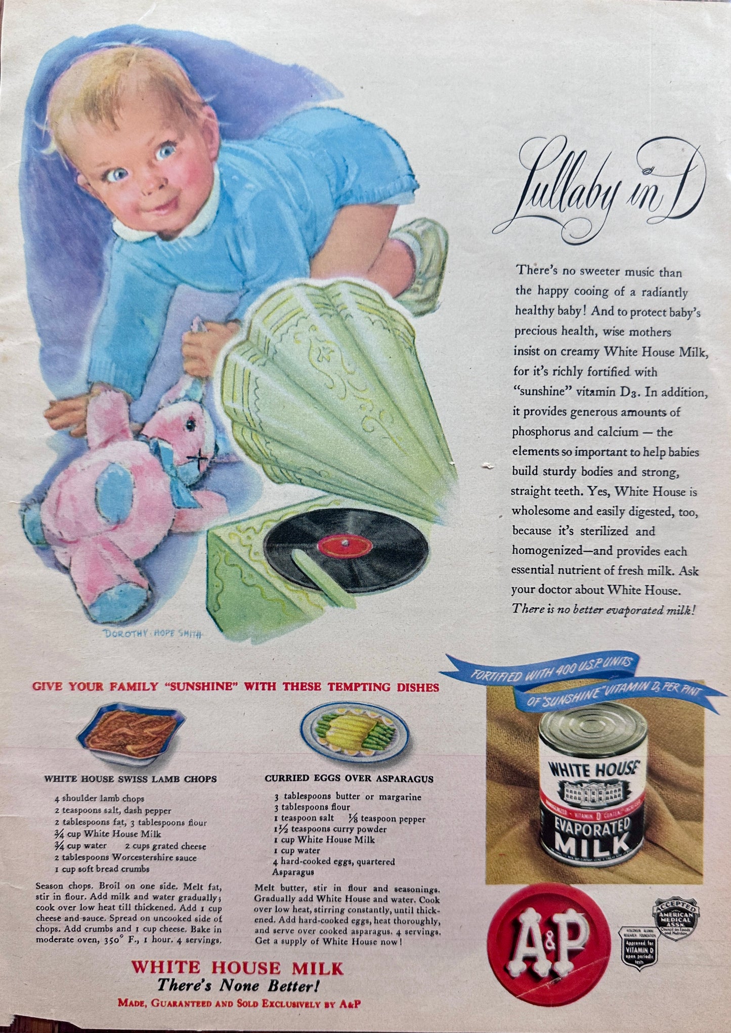 1946 A&P White House Evaporated Mile Vintage Ad Dorothy Hope Smith Artwork