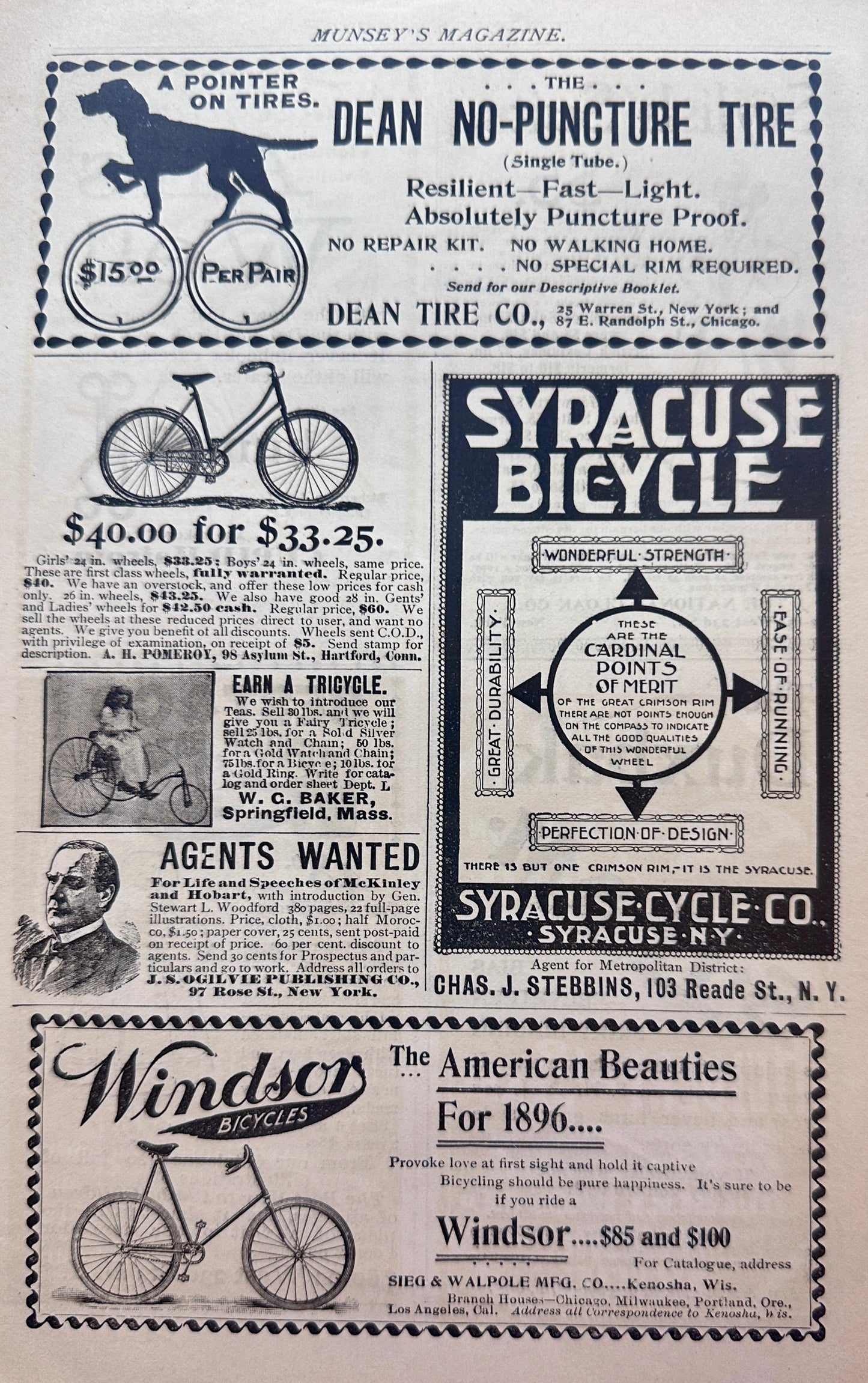 1896 Magazine Page - Original Bicycle Ads Front and Back
