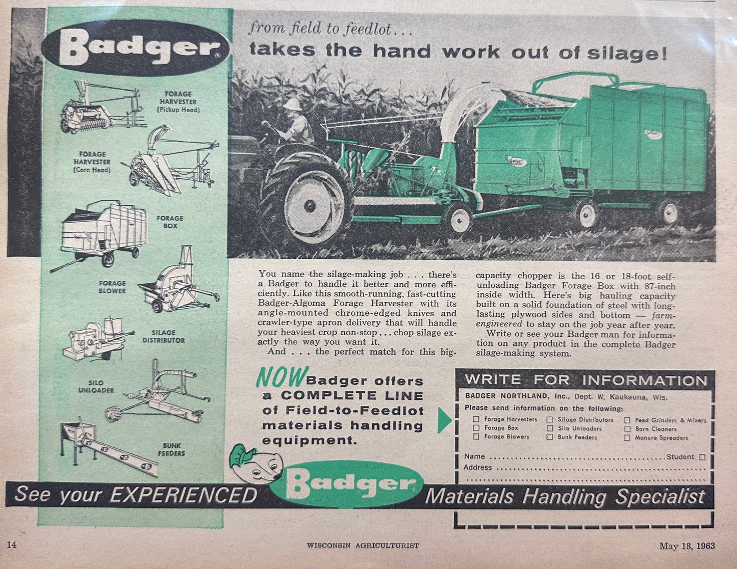 1963 Badger Farm Implements Take the Hand Work Out of Silage Vintage Ad S97