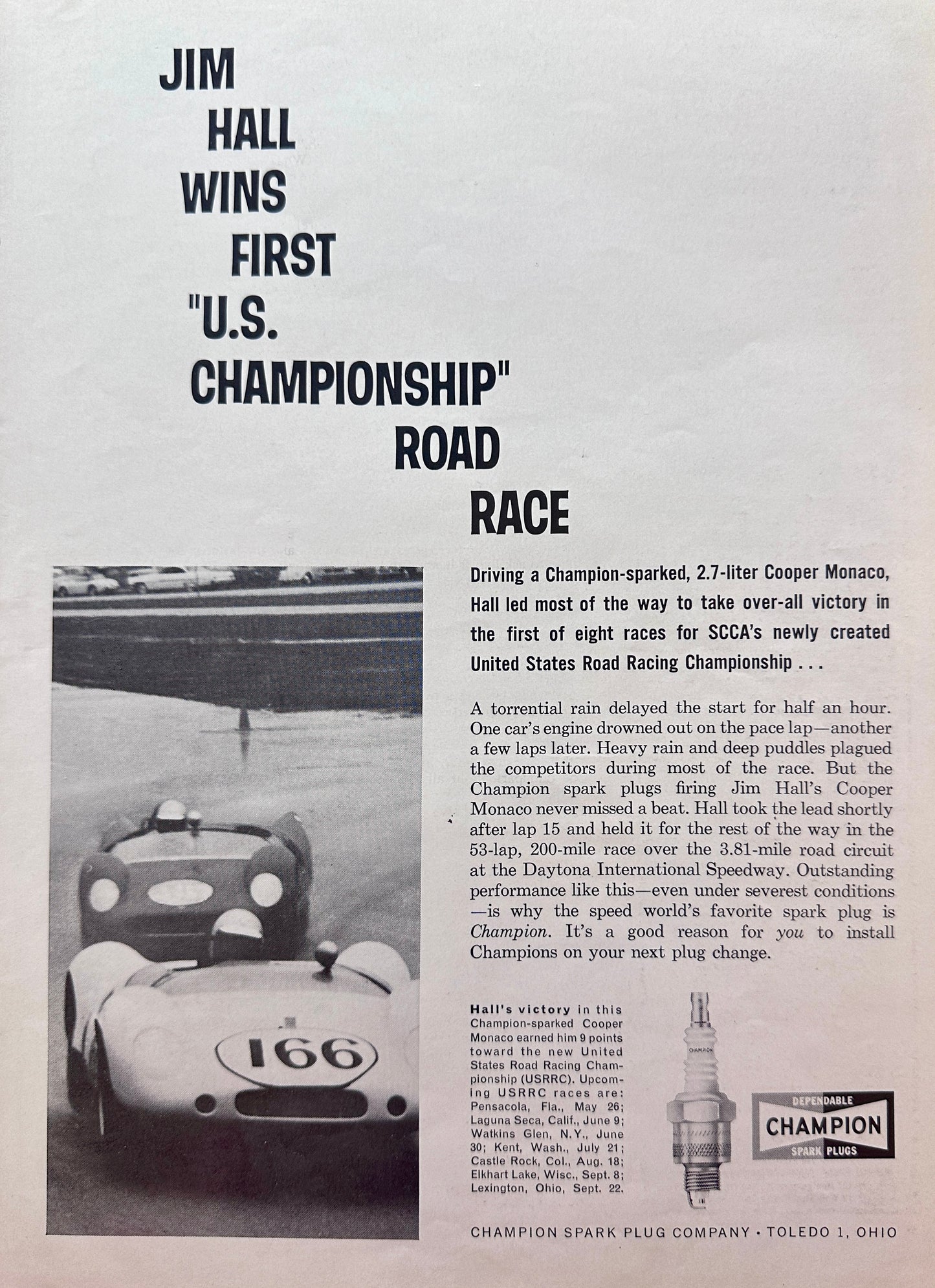 1963 Jim Hall Wins First US "Championship" using Champion Spark Plugs - Ad N198
