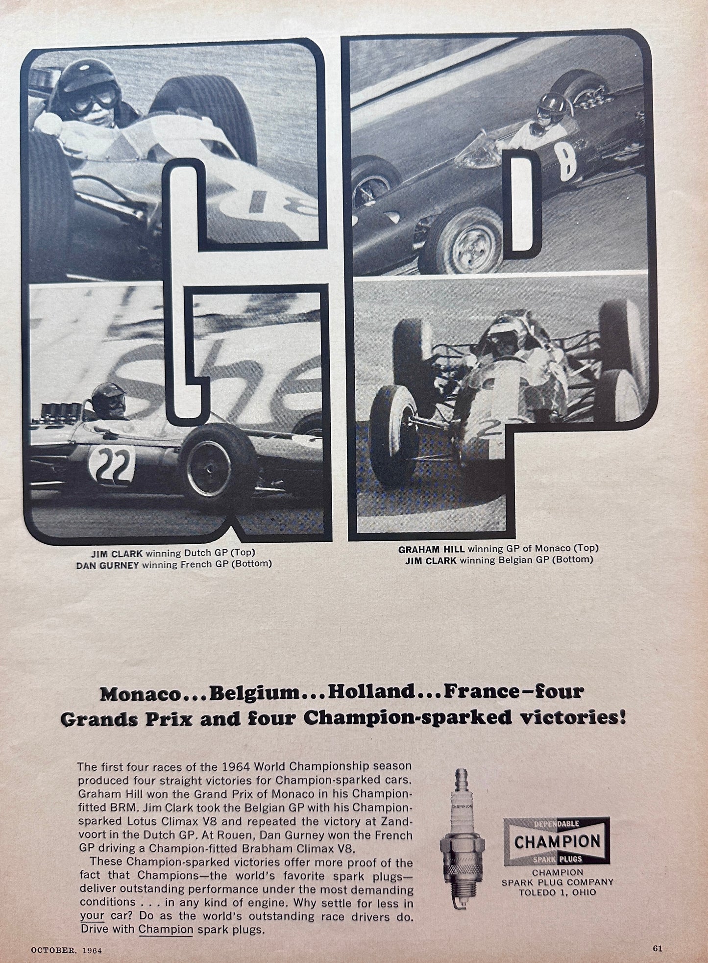 1964 Champion Power Wins 4- Grand Prix in 1964 - Vintage Ad N199