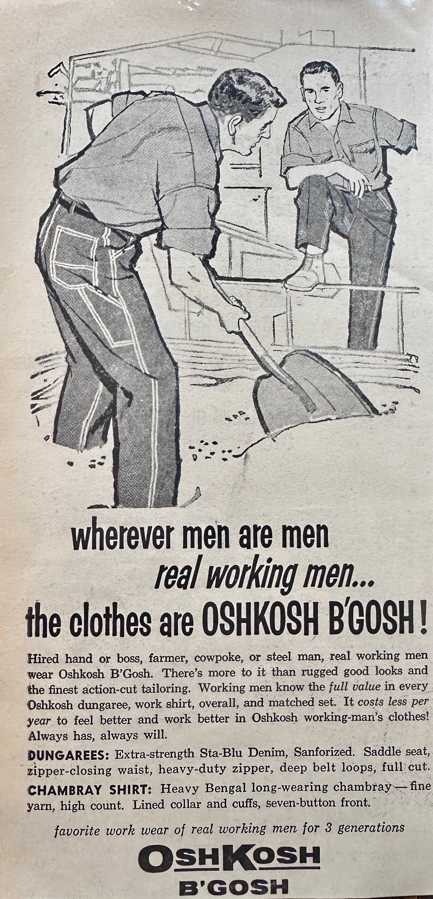 1958 Oshkosh B'Gosh - Clothes for Real Working Men Vintage Ad