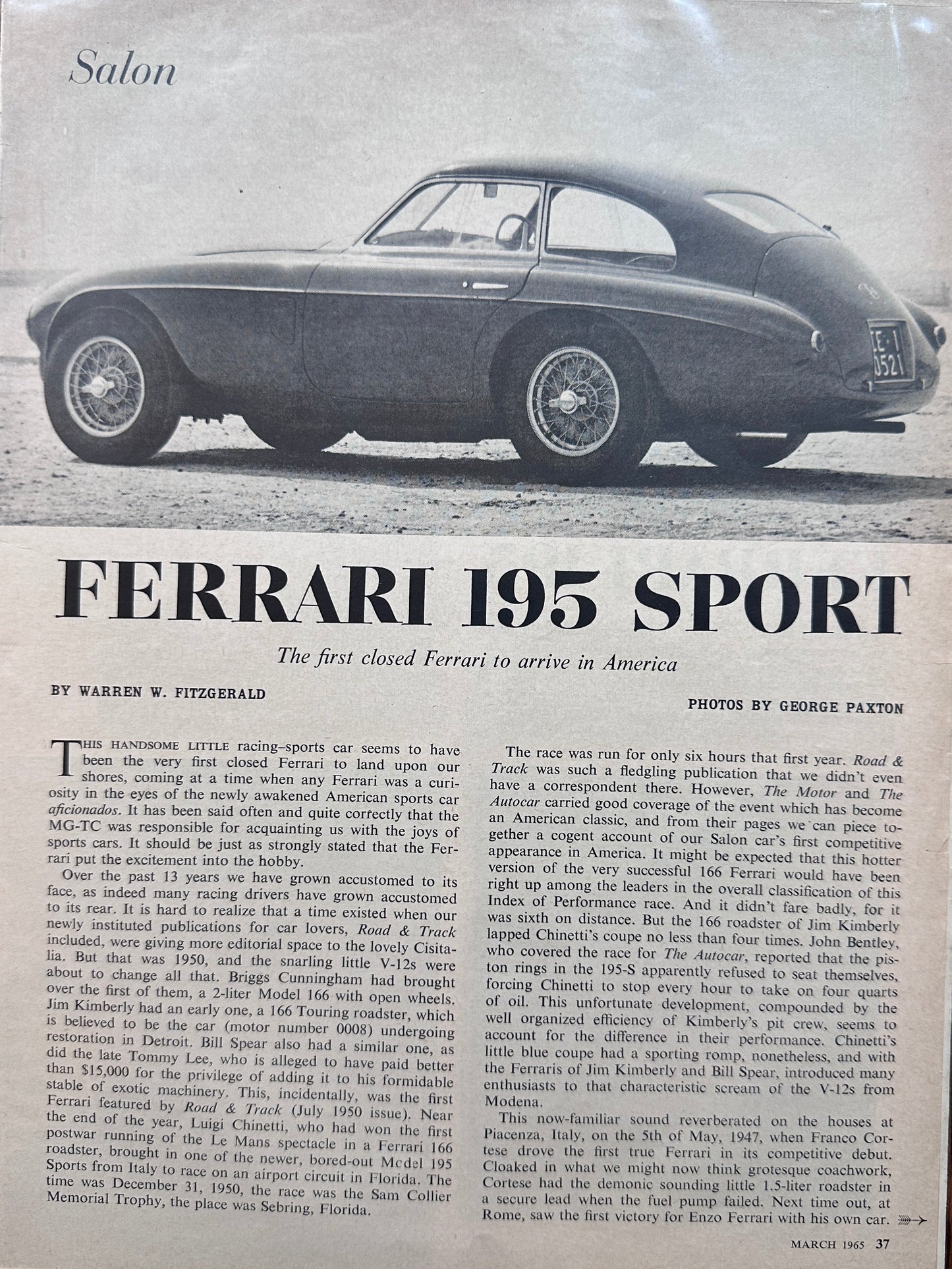 1965 Road & Track Feature Magazine Article on a Ferrari 195 Sport Coupe