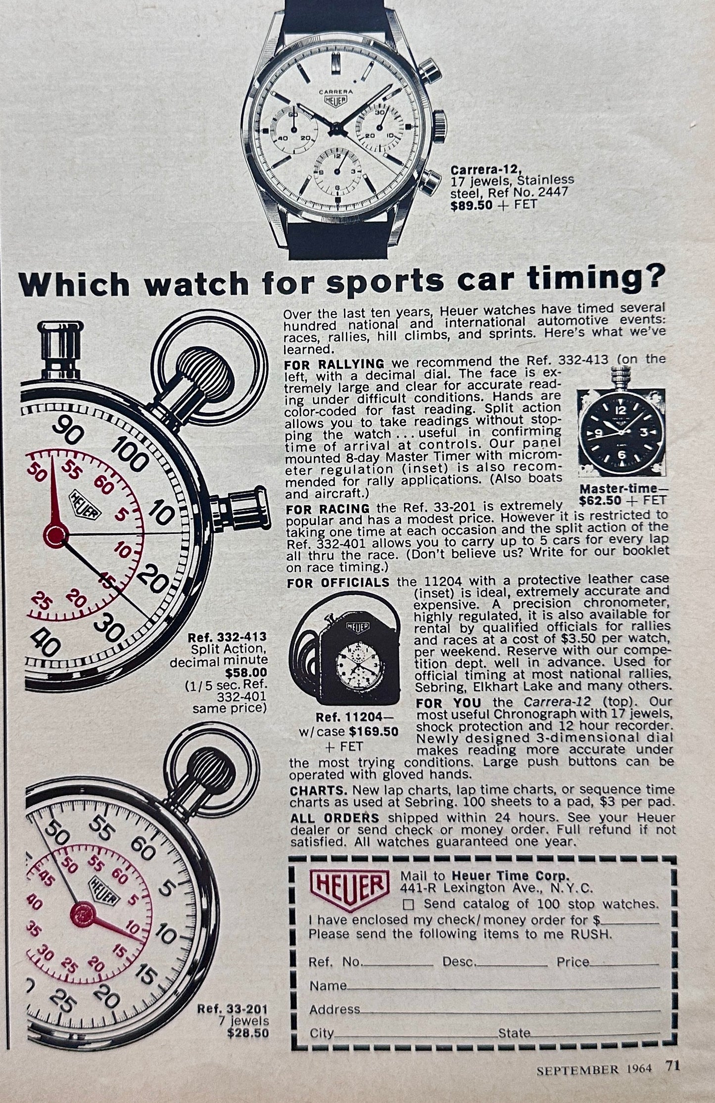 1964 Heuer Stop Watches and Wrist Watch For Sports Car Timing - Vintage Ad N470