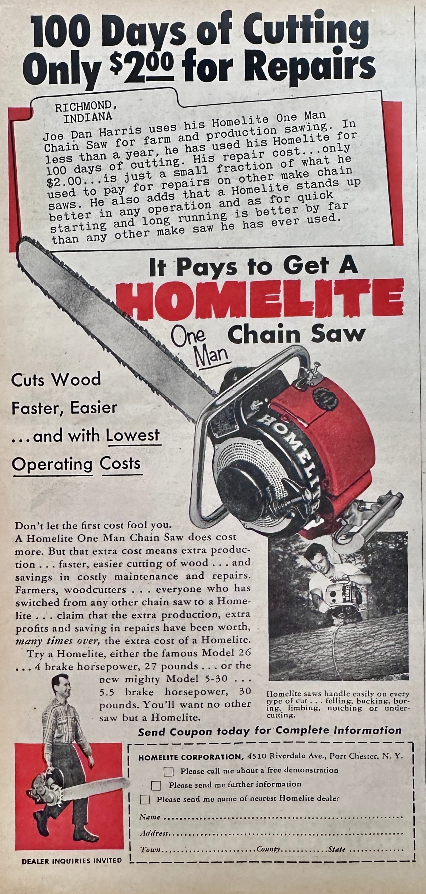 1953 Homelite Chain Saw the One Man Chain Saw Model 26 or 5-30 Vintage Ad
