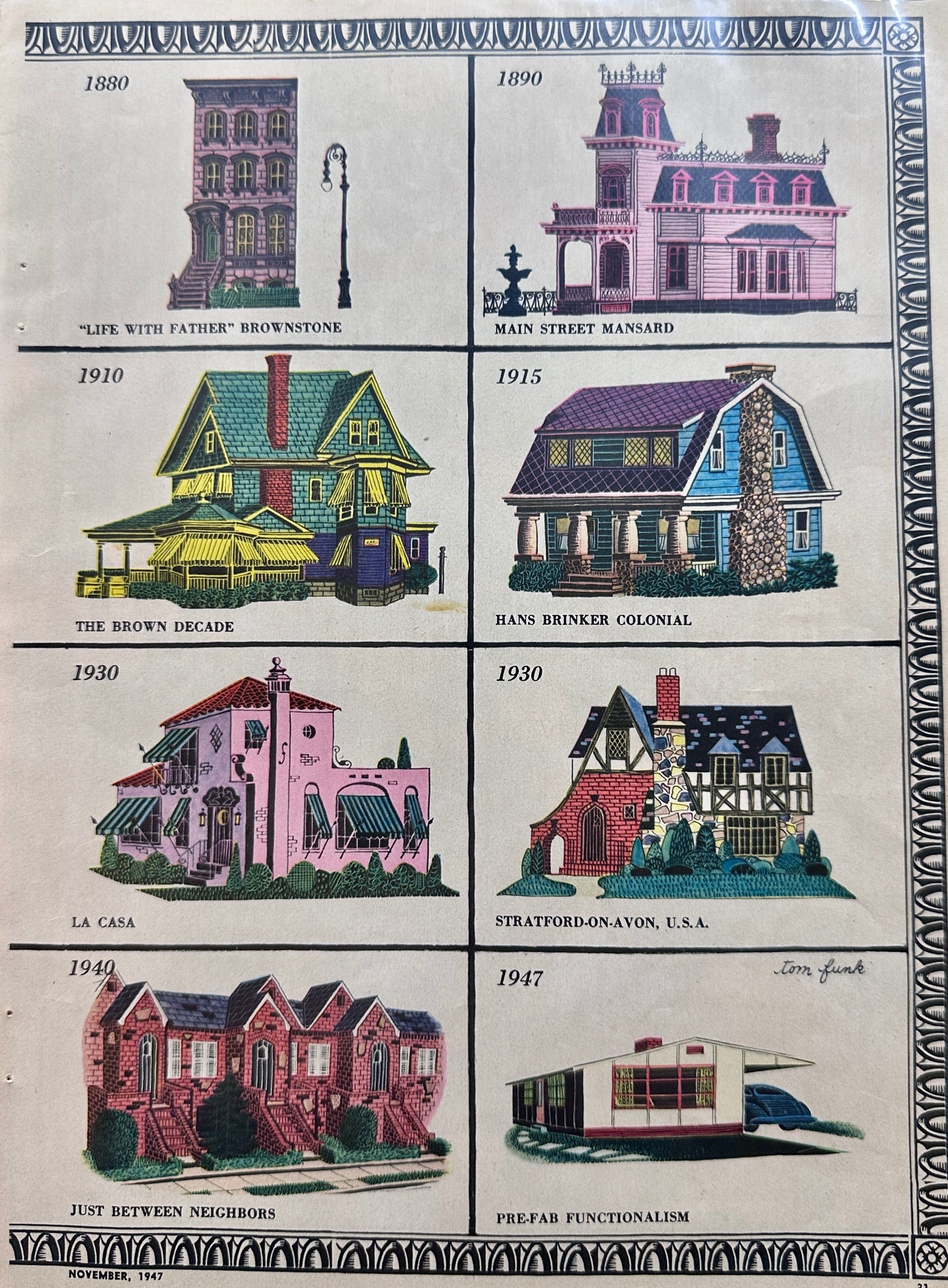 1947 2-Page of Home Architectural Styles Displayed in Colorful Graphics