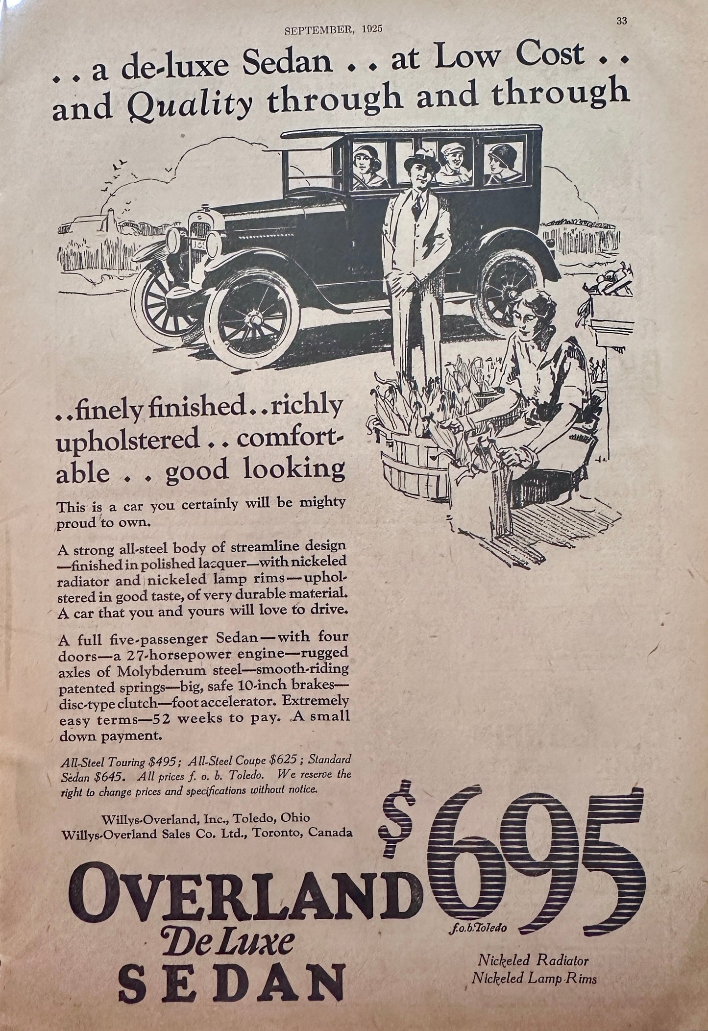 1925 Overland De-Luxe Sedan FOB Toledo for $695 - Vintage Ad #1356 & A322