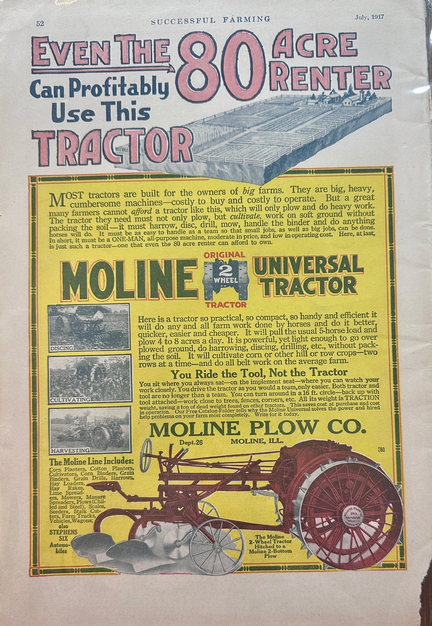 1917 Moline 2-Wheel Universal Tractor - You ride the Tool, Not the Tractor - Vintage Ad