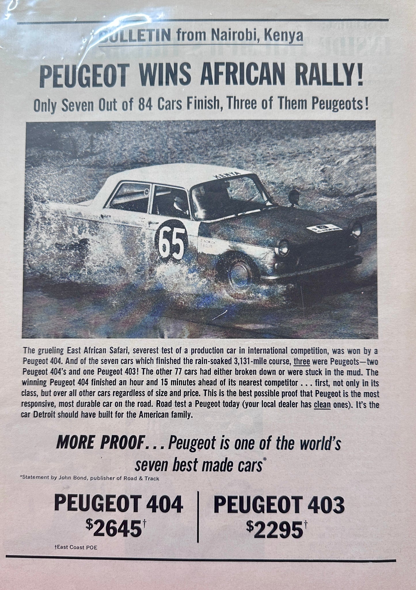 1963 Peugeot 404 Wins African Rally - Vintage Ad