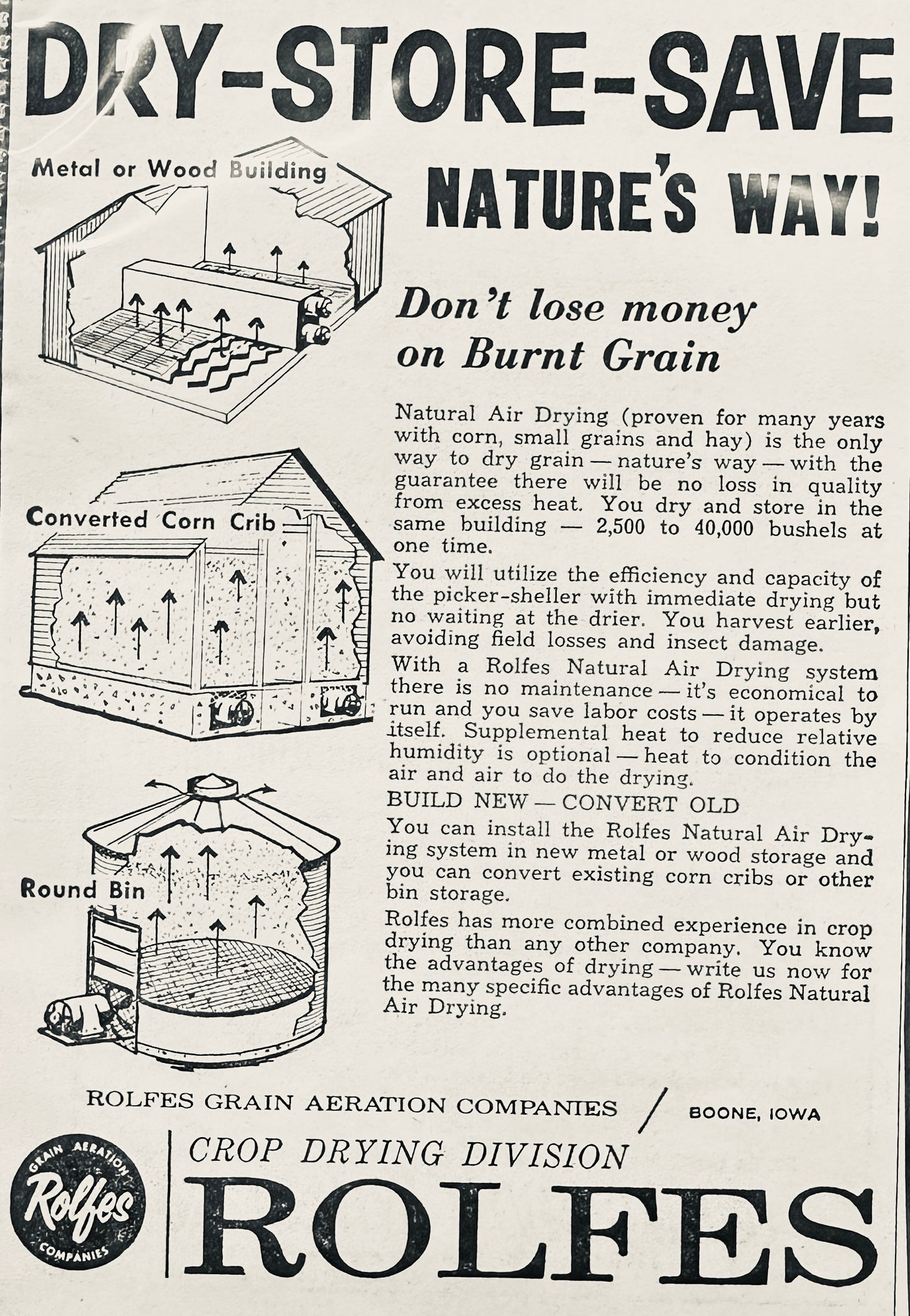 1958 Rolfes Crop Drying Division Grain Storage Buildings Vintage Ad N798