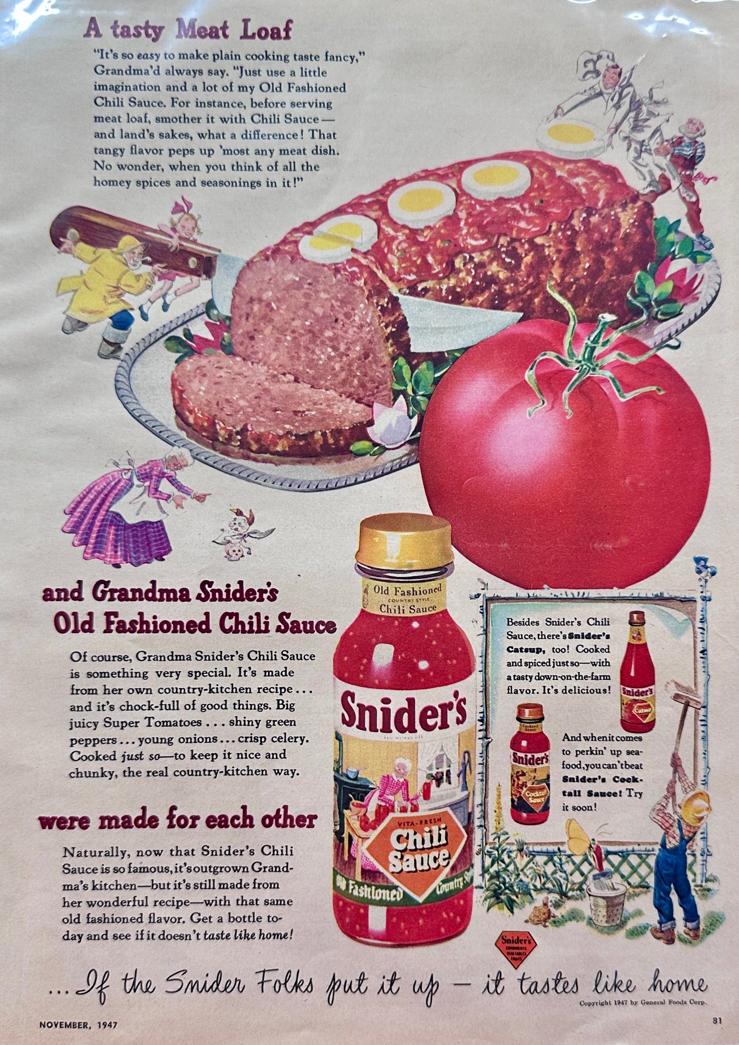 1947 Snider's Chili Sauce Makes a Tasty Meatloaf - Vintage Ad N868