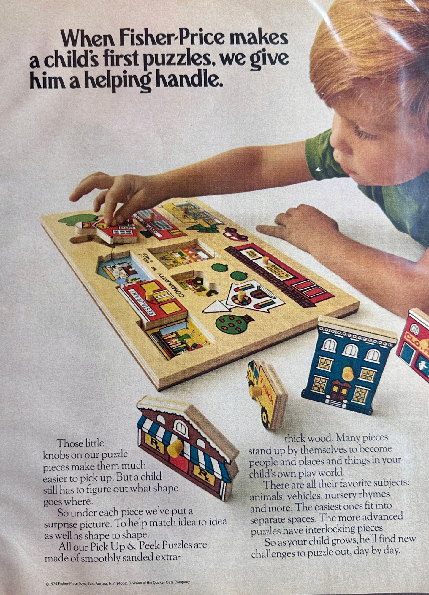 1974 Fisher-Price Wooden Puzzles with a helping handle Vintage Ad
