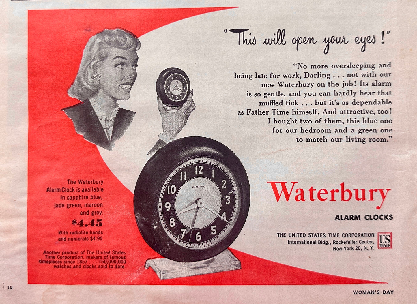 1947 2 page Waterbury Time Pieces Vintage Advertising - Alarm Clocks - Watches