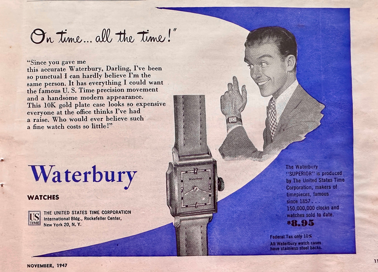 1947 2 page Waterbury Time Pieces Vintage Advertising - Alarm Clocks - Watches
