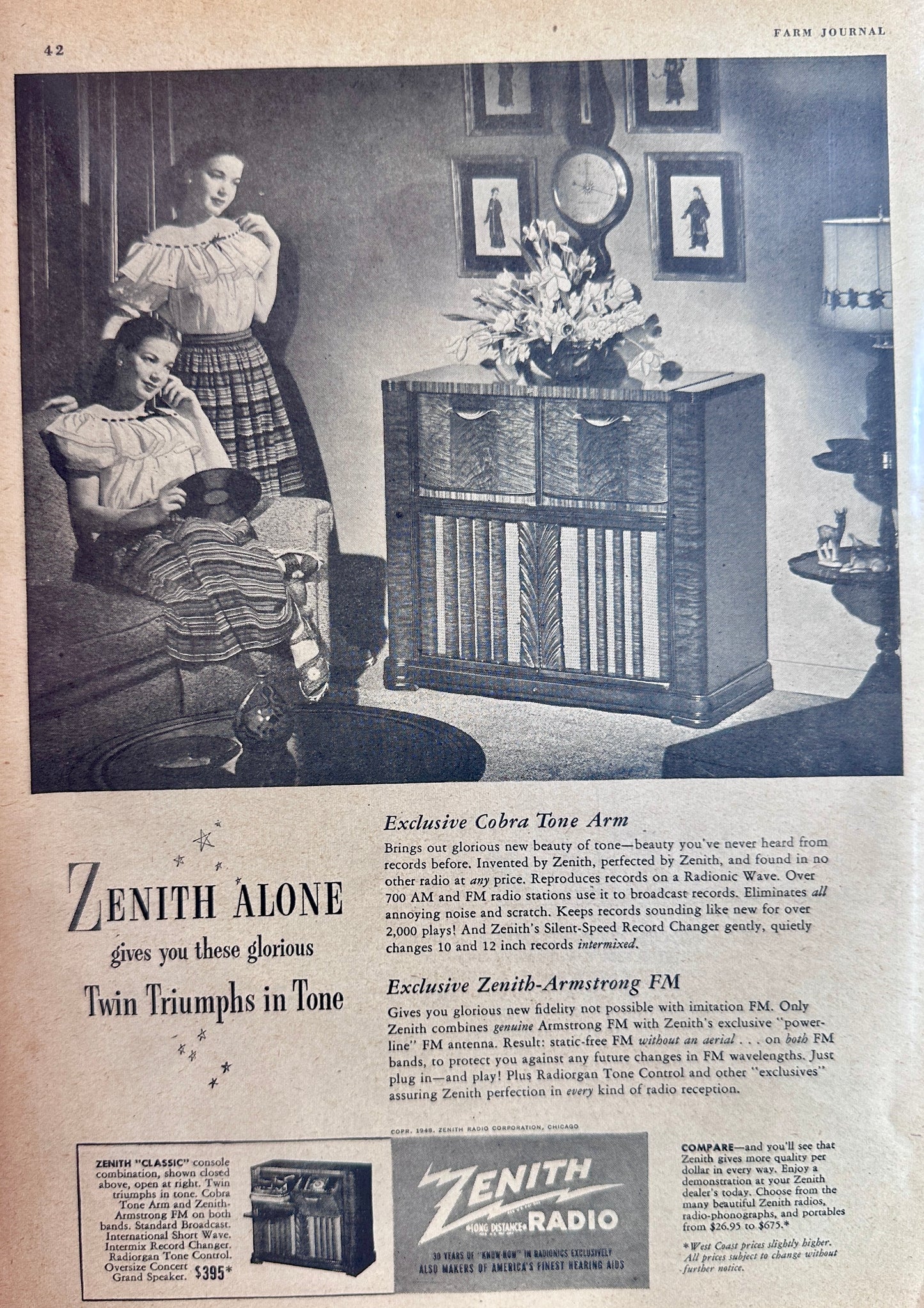 1948 Zenith Classic Console Combination Radio, Phonograph Early Advertisment
