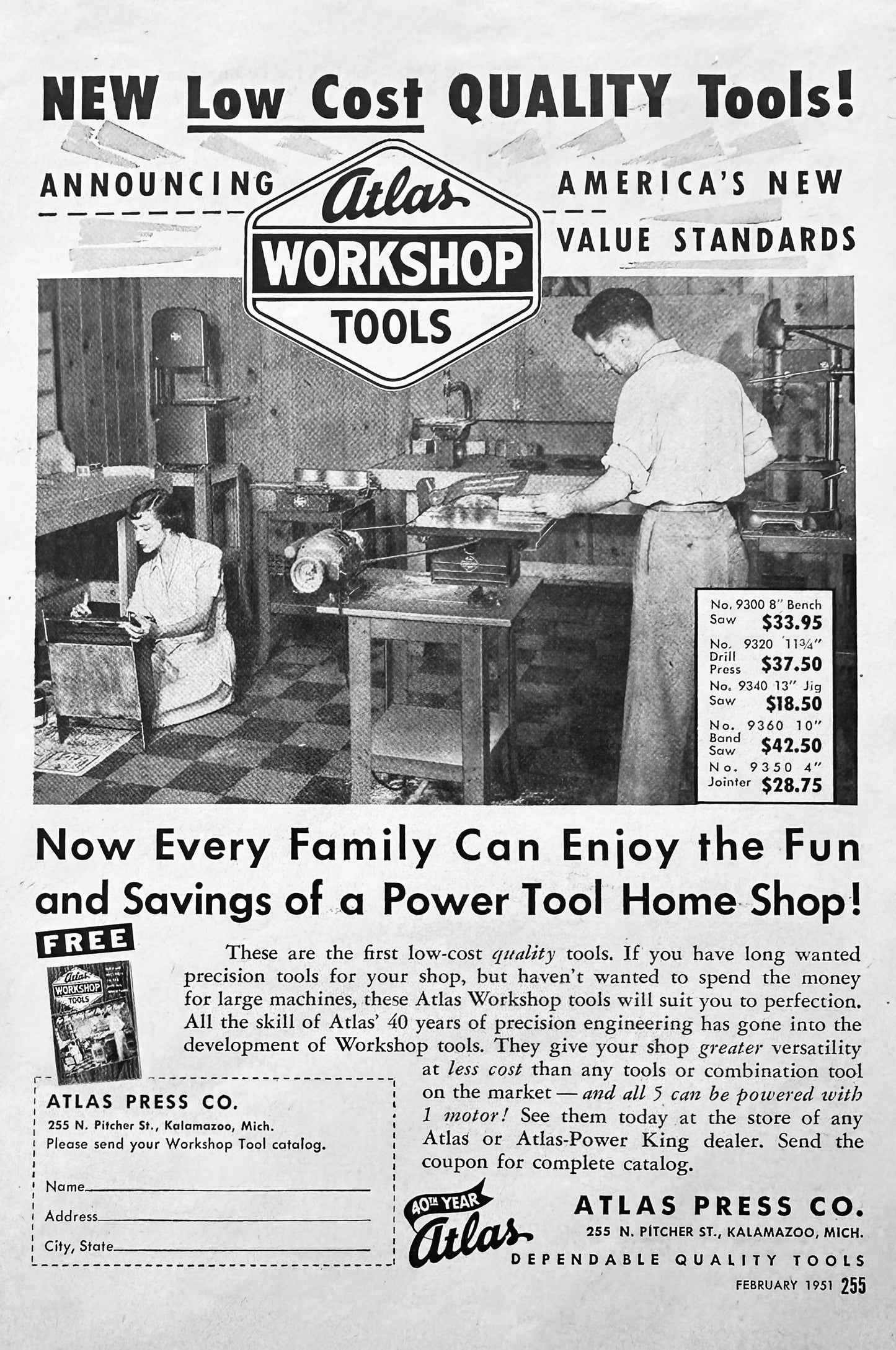 1951 New Low Cost Quality Tools - Atlas Workshop Tools - Kalamazoo, MI