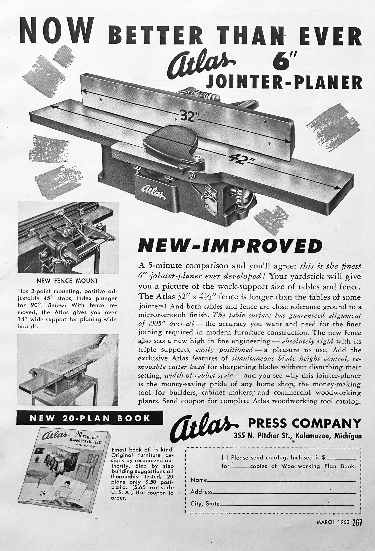 1952 Atlas 6" Jointer-Planer - Atlas Press - Kalamazoo, Mi Vintage Ad S82