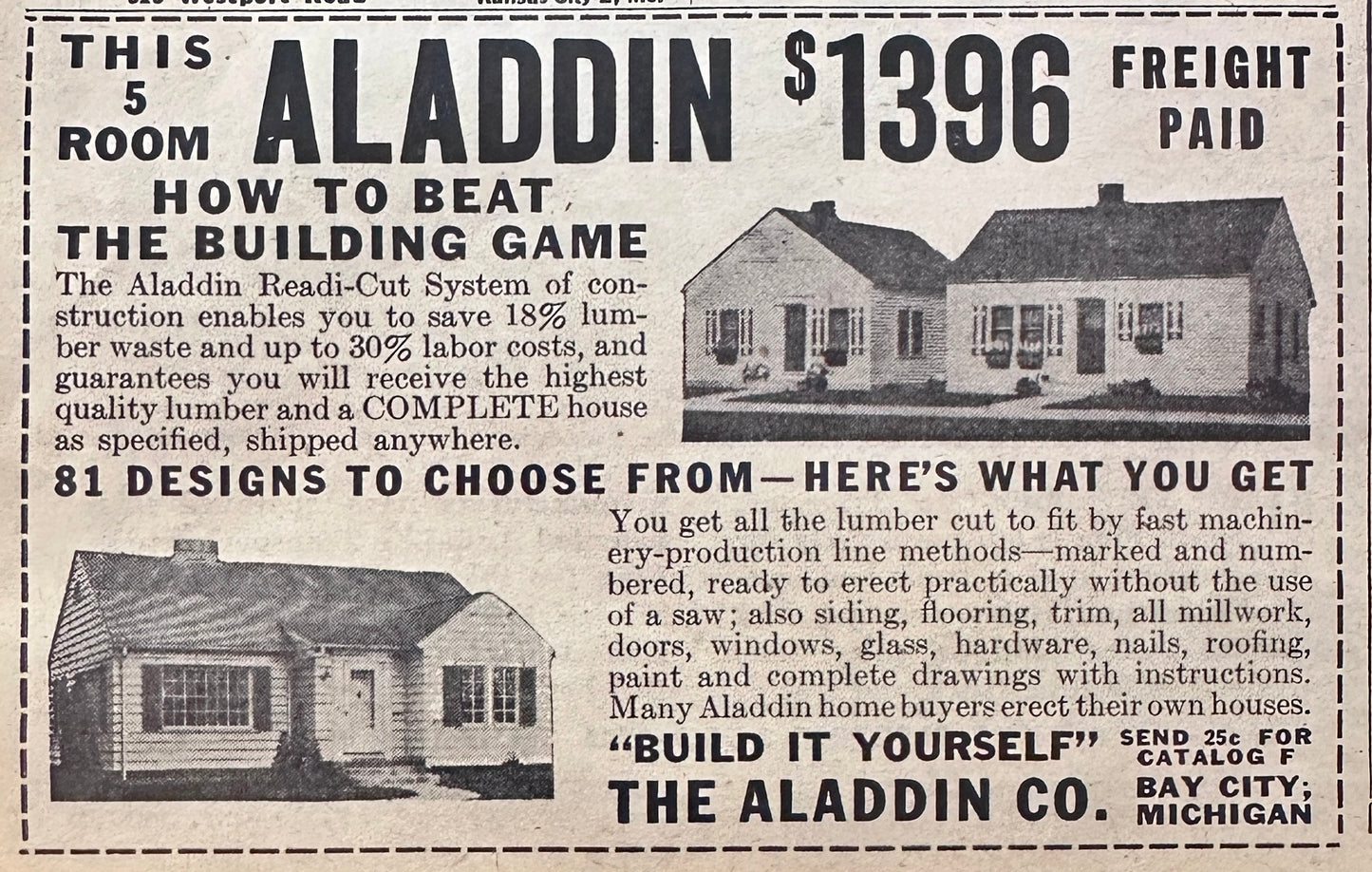 1931 & 1948 Vintage Advertisements for Aladdin Pre-Fab Homes Bay City MI