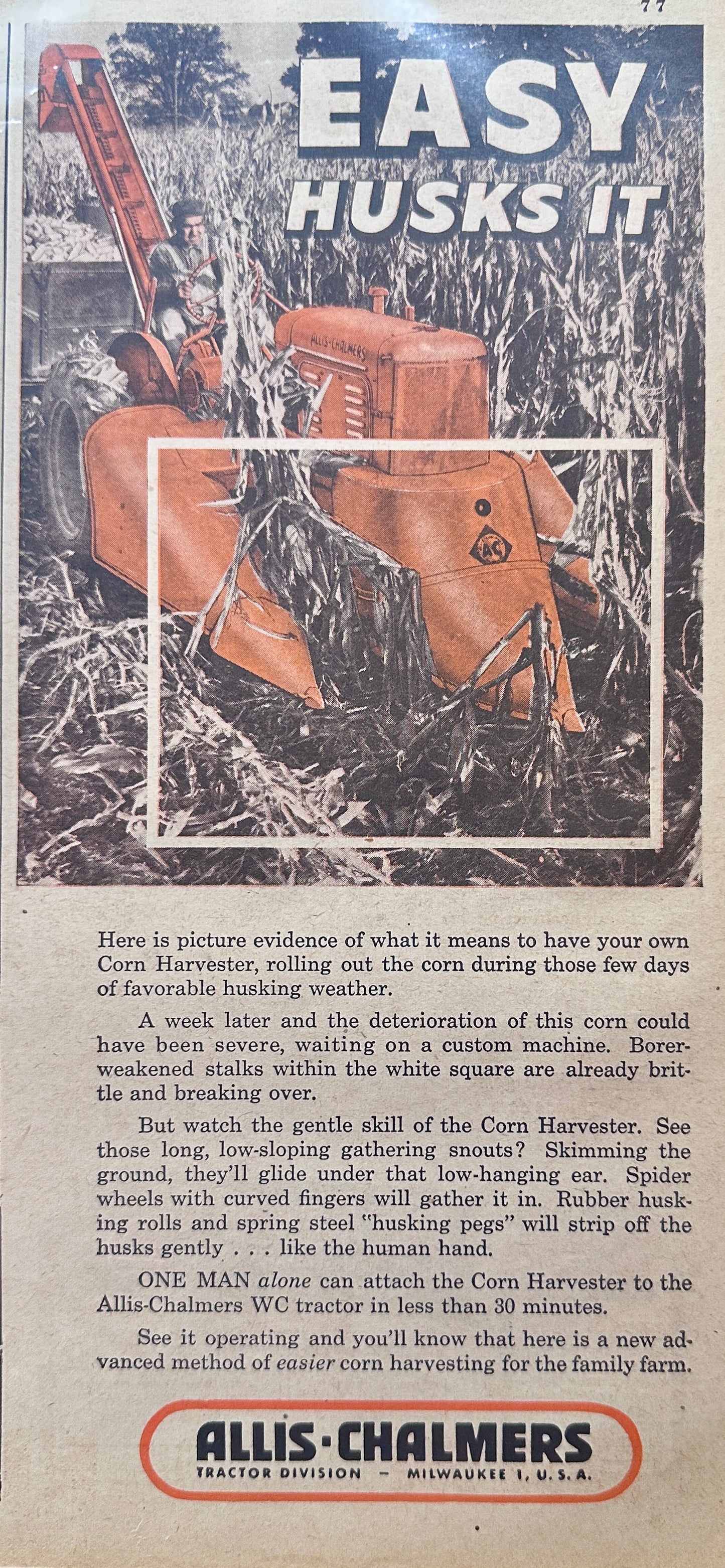 1948 Allis Chalmers Corn Harvester - Easy Husks It - Vintage Ad