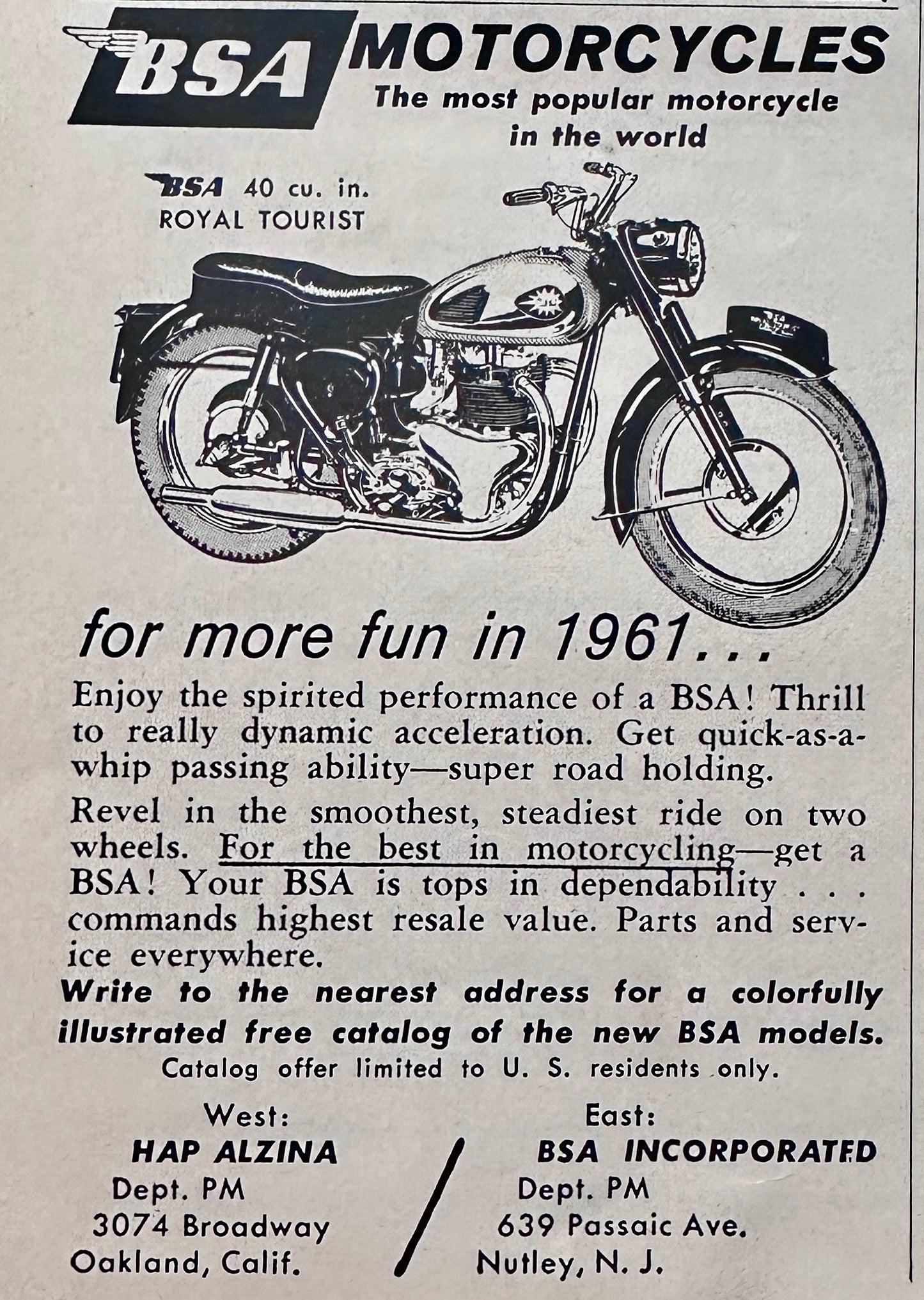 1961 BSA Royal Tourist - Vintage Motorcycle Ad N130